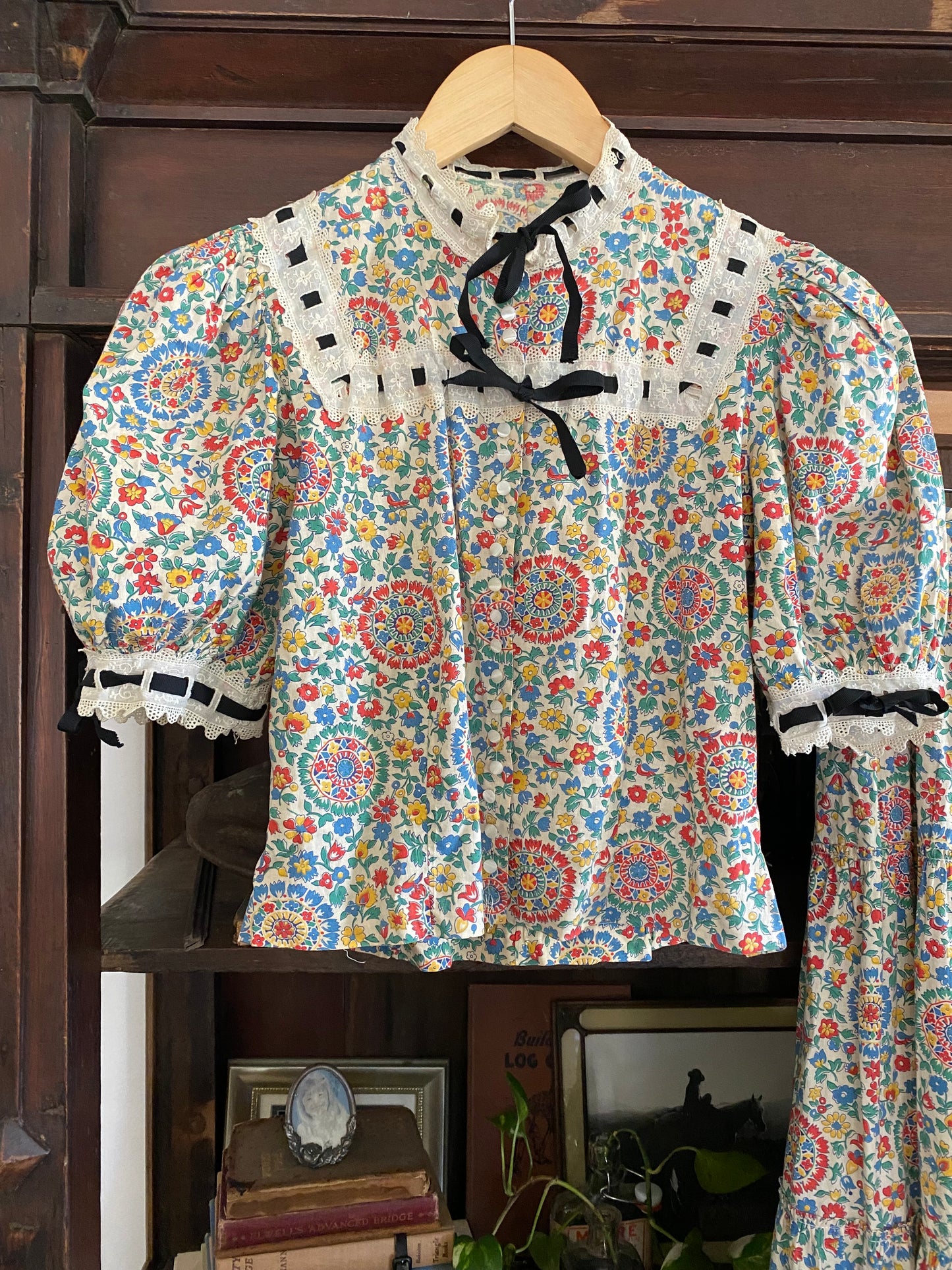 1930s Multi Colored Cotton Floral Puffed Sleeve Maxi Skirt Set- S/M