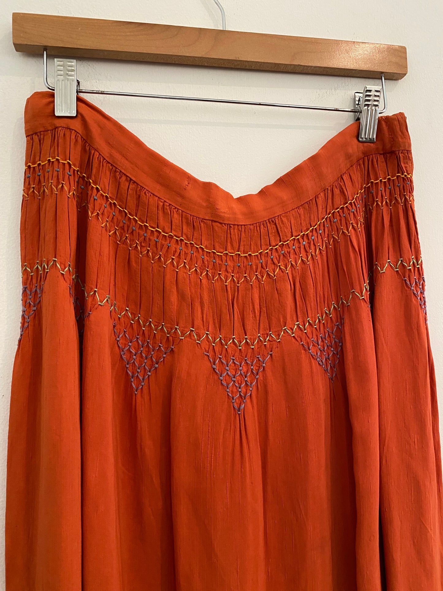 1940s Linen Smocked Orange Folk Skirt- 34” Waist