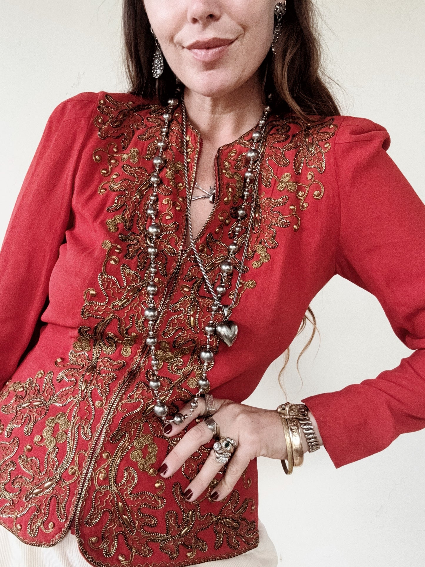 1930s Heavily Studded Muted Red Jacket w/ Gold Bullion- S/M-M
