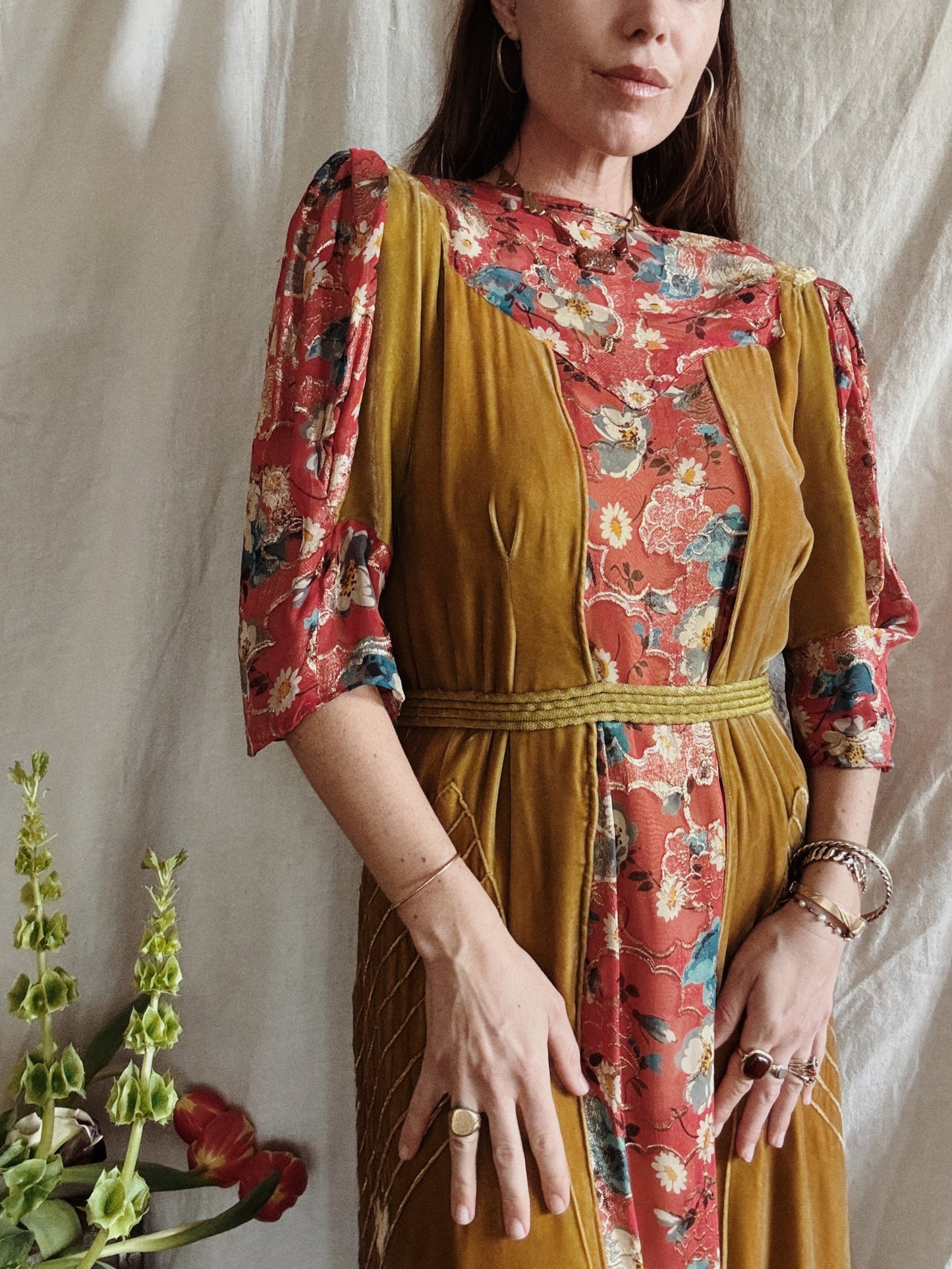 1930s Medieval Golden Velvet + Red Floral Lamé Gown- S/M