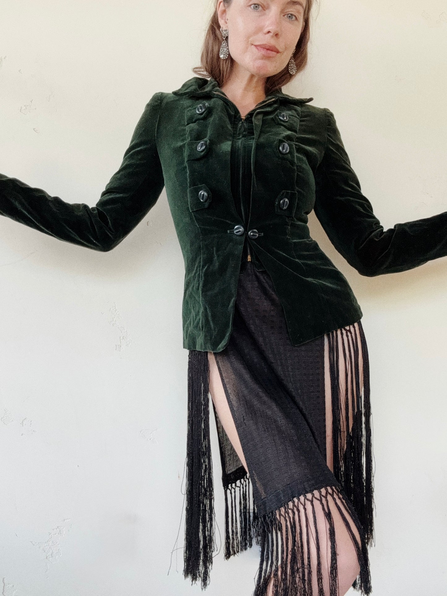 1940s Unique Emerald Green Velvet Jacket- S