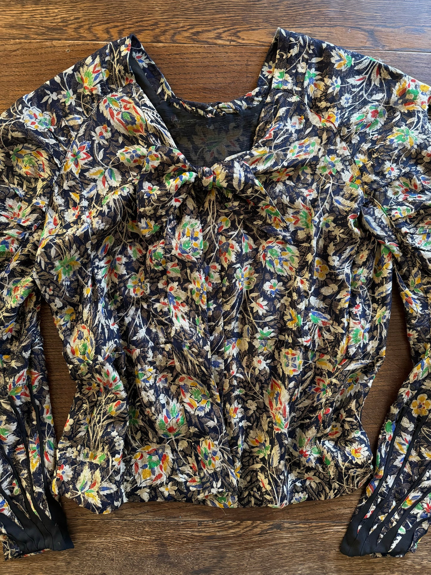 1930s Rare Rainbow Floral Lamé Mutton Sleeve Jacket- S/M