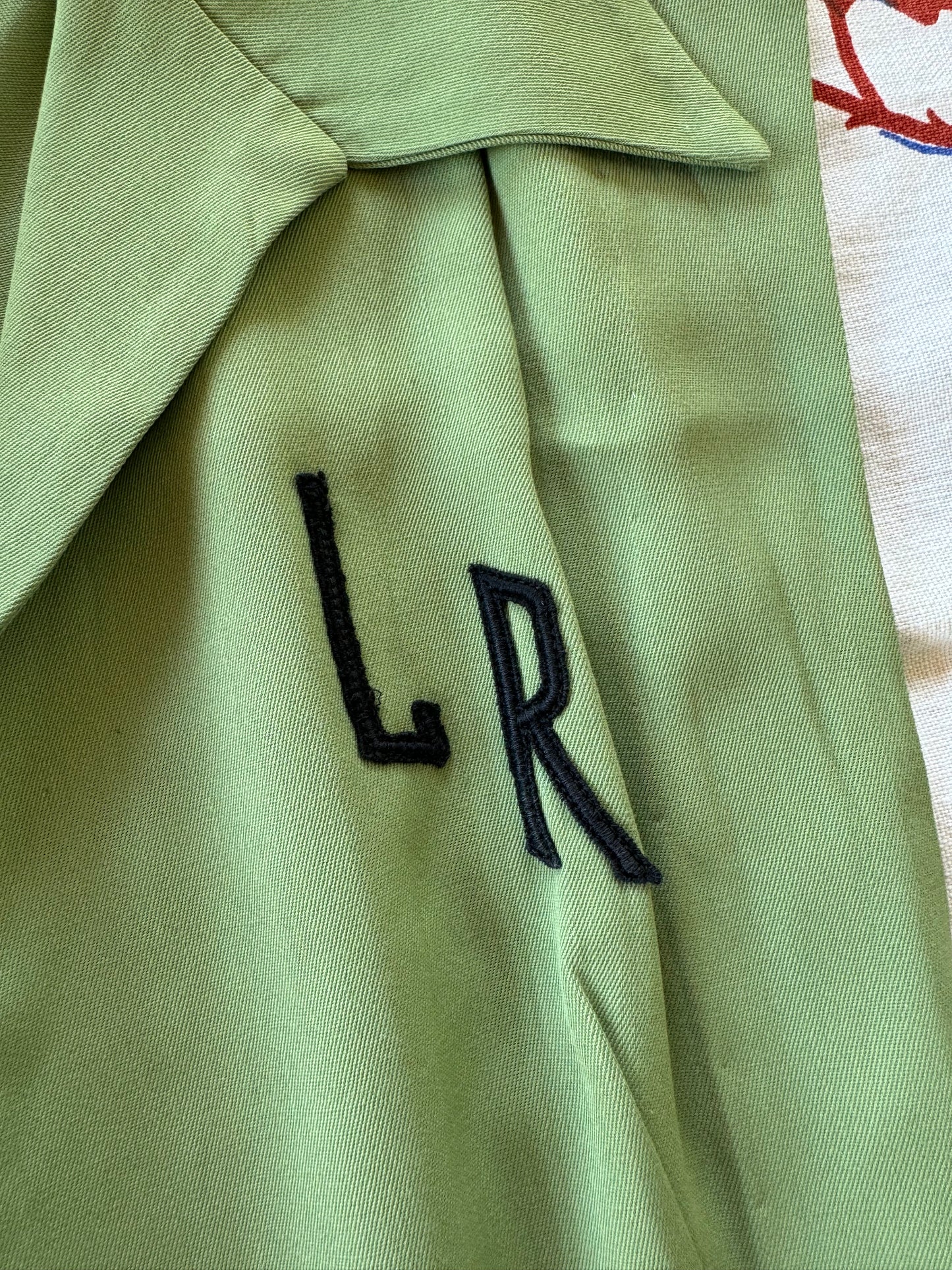 1940s Pistachio Gabardine “LR” Monogrammed Pinafore Top- XS