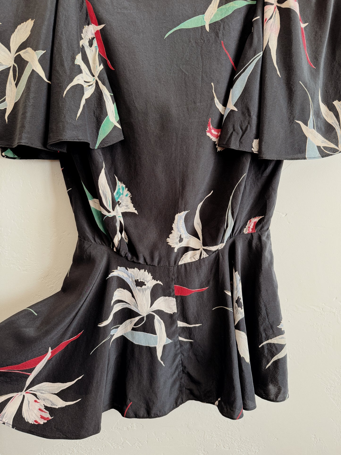 1930s/40s Black Orchid Silk Blouse w/ Flutter Sleeves- XS/S