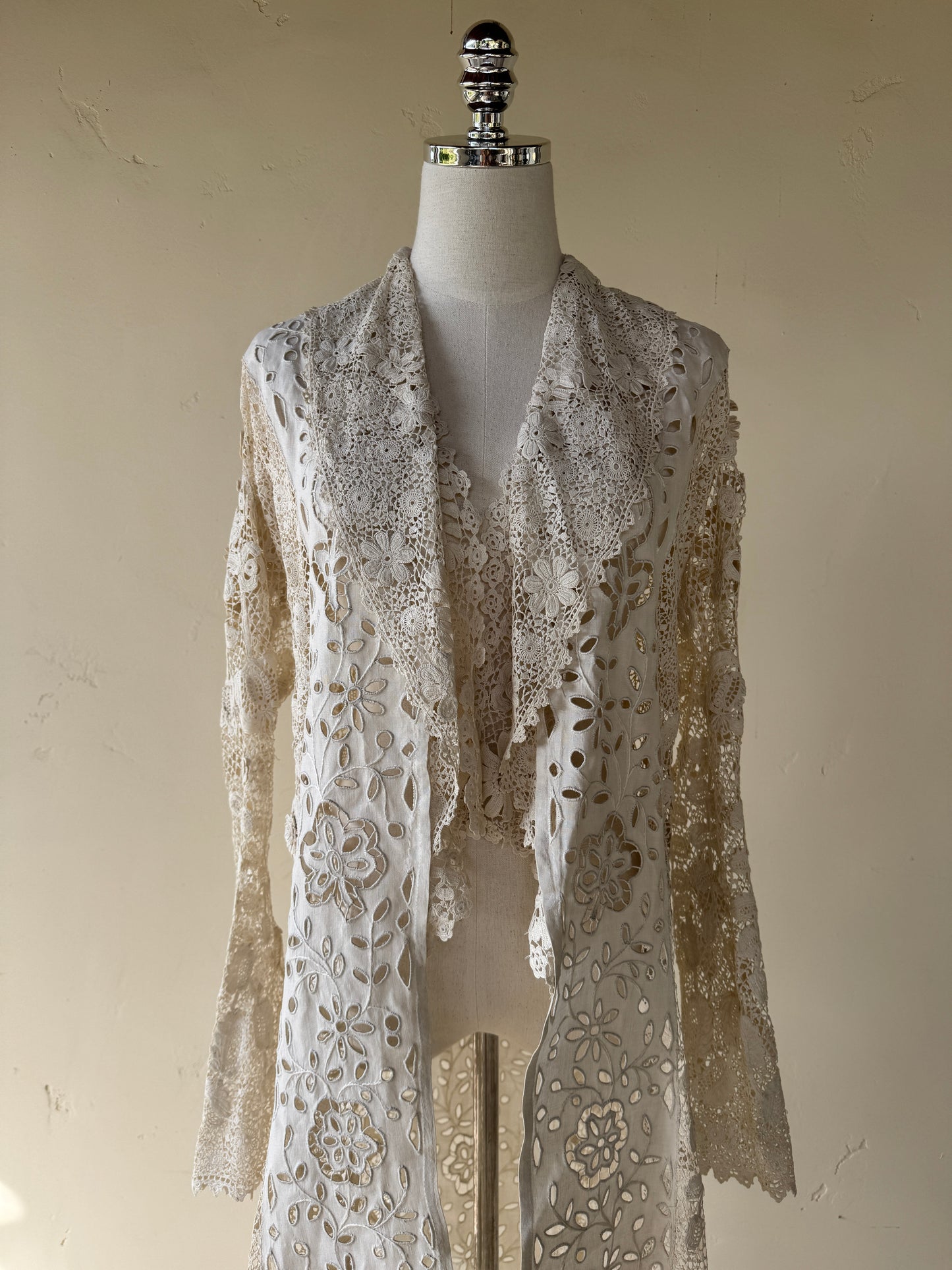 Rare Edwardian Irish Crochet Duster Coat w/ Pom Poms- M
