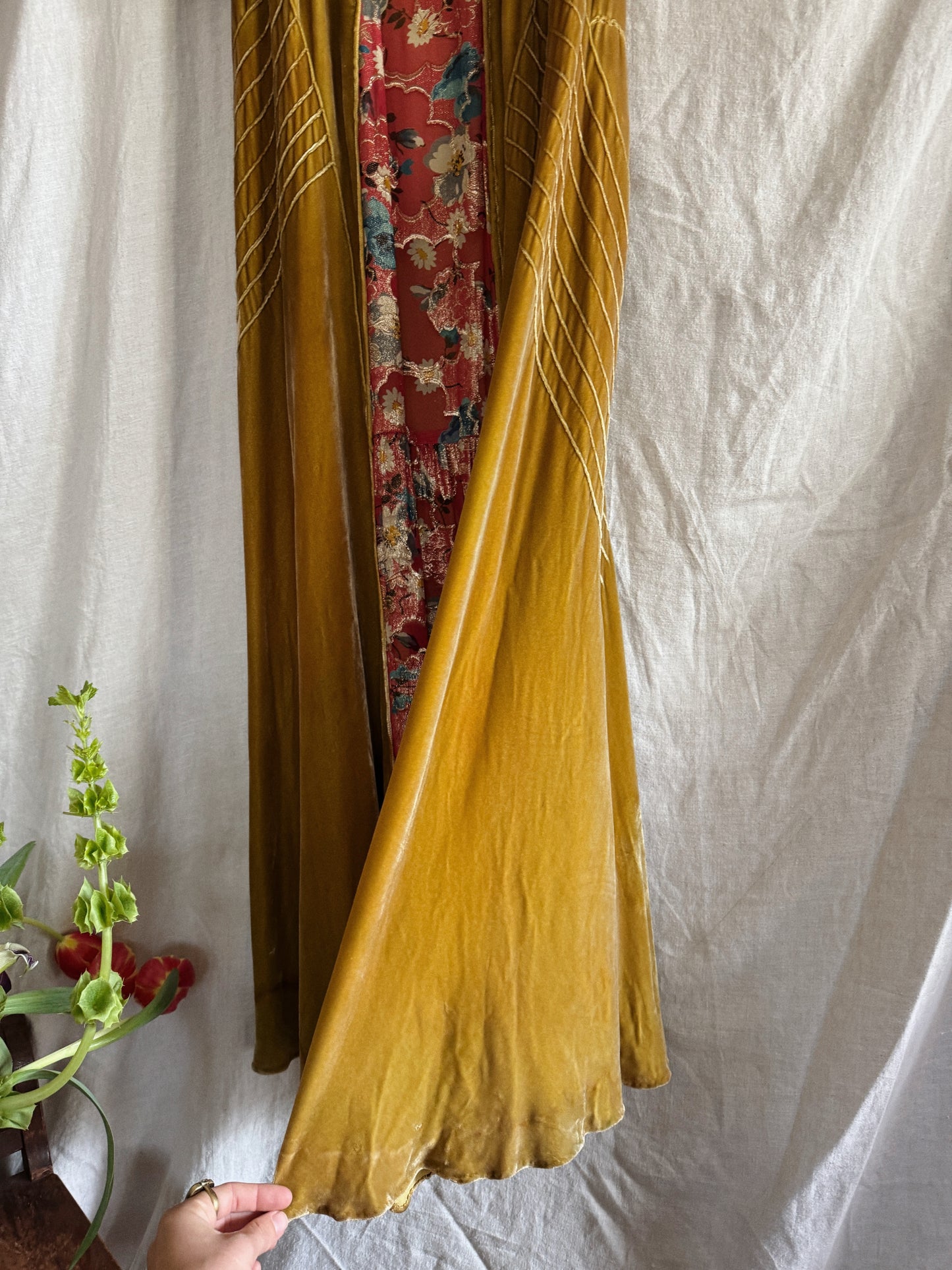 1930s Medieval Golden Velvet + Red Floral Lamé Gown- S/M