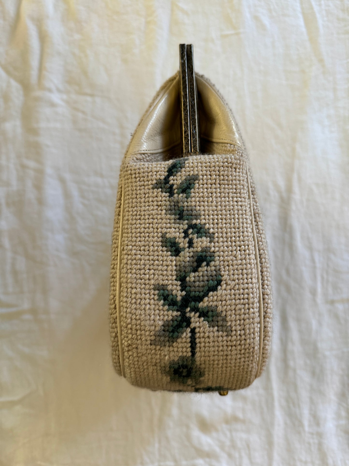 1960s Creme + Blue Green Large Needlepoint Handbag
