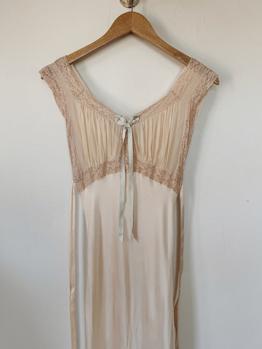 1930s Ivory Silk + Chiffon Slip Dress w/ Pale Blue Bow- XS-S