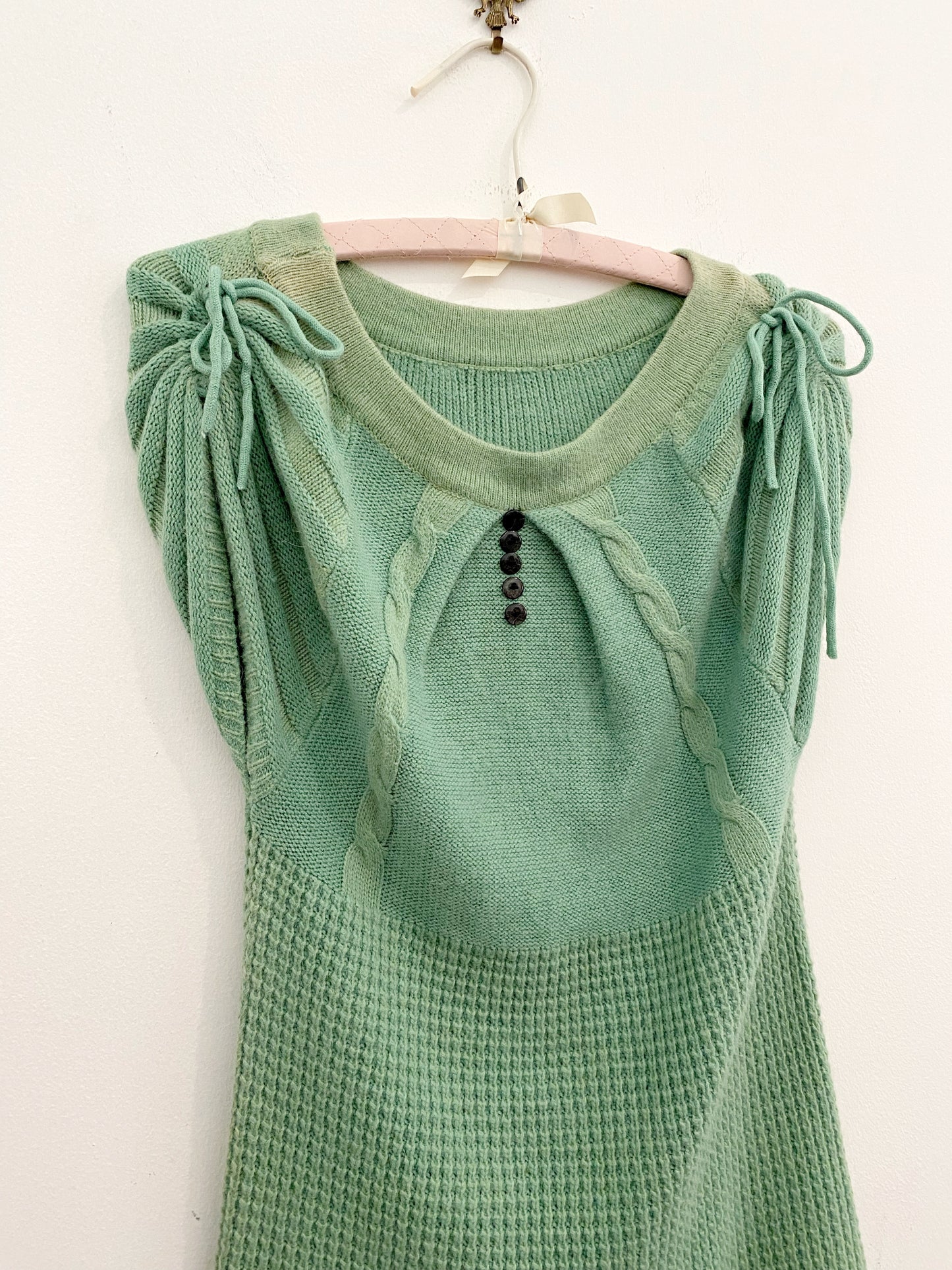 1960s/70s- Minty Green Waffle Knit Mini Dress- S