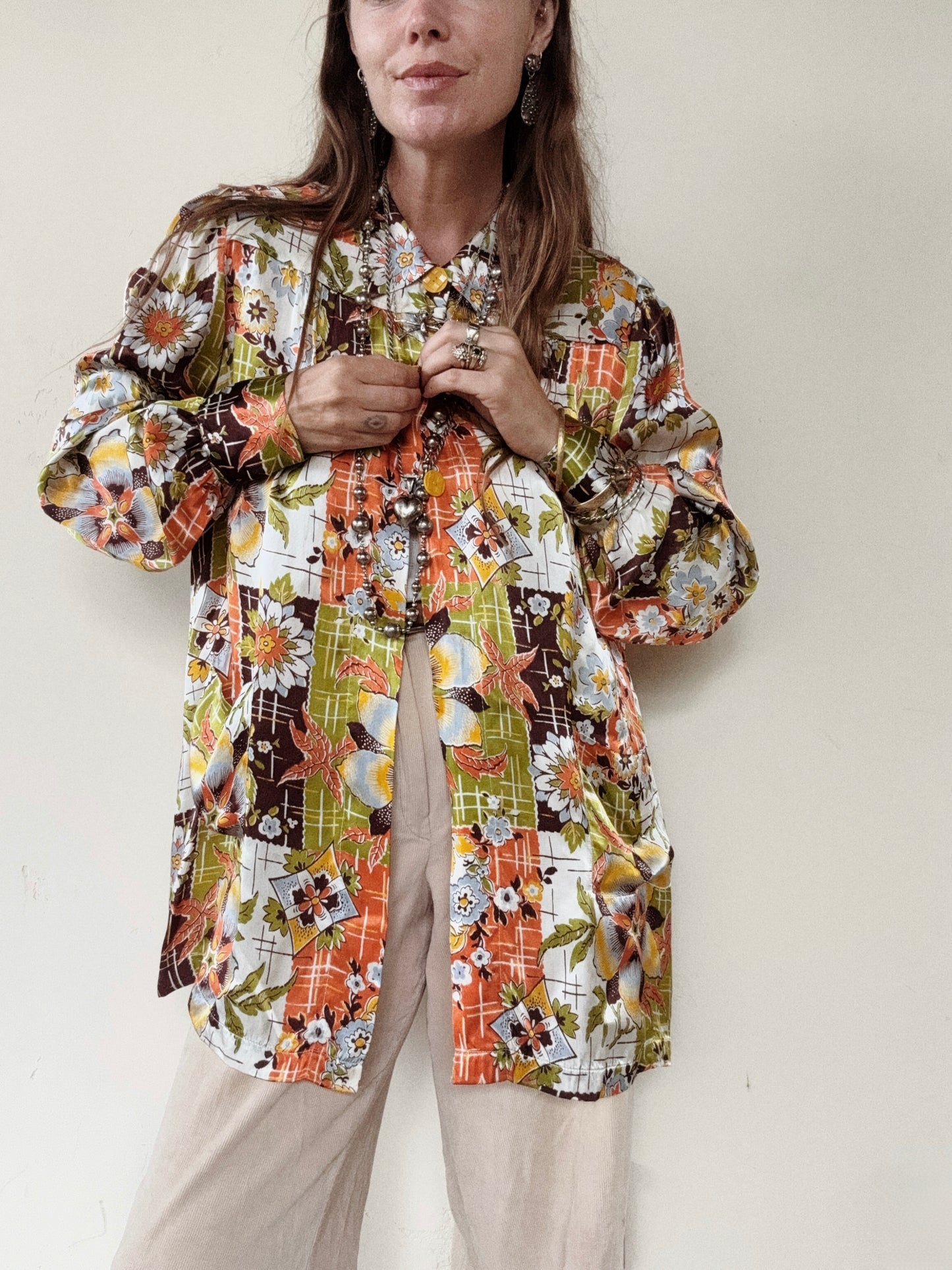 1940s Chartreuse + Orange Passionflower Satin Smock Jacket