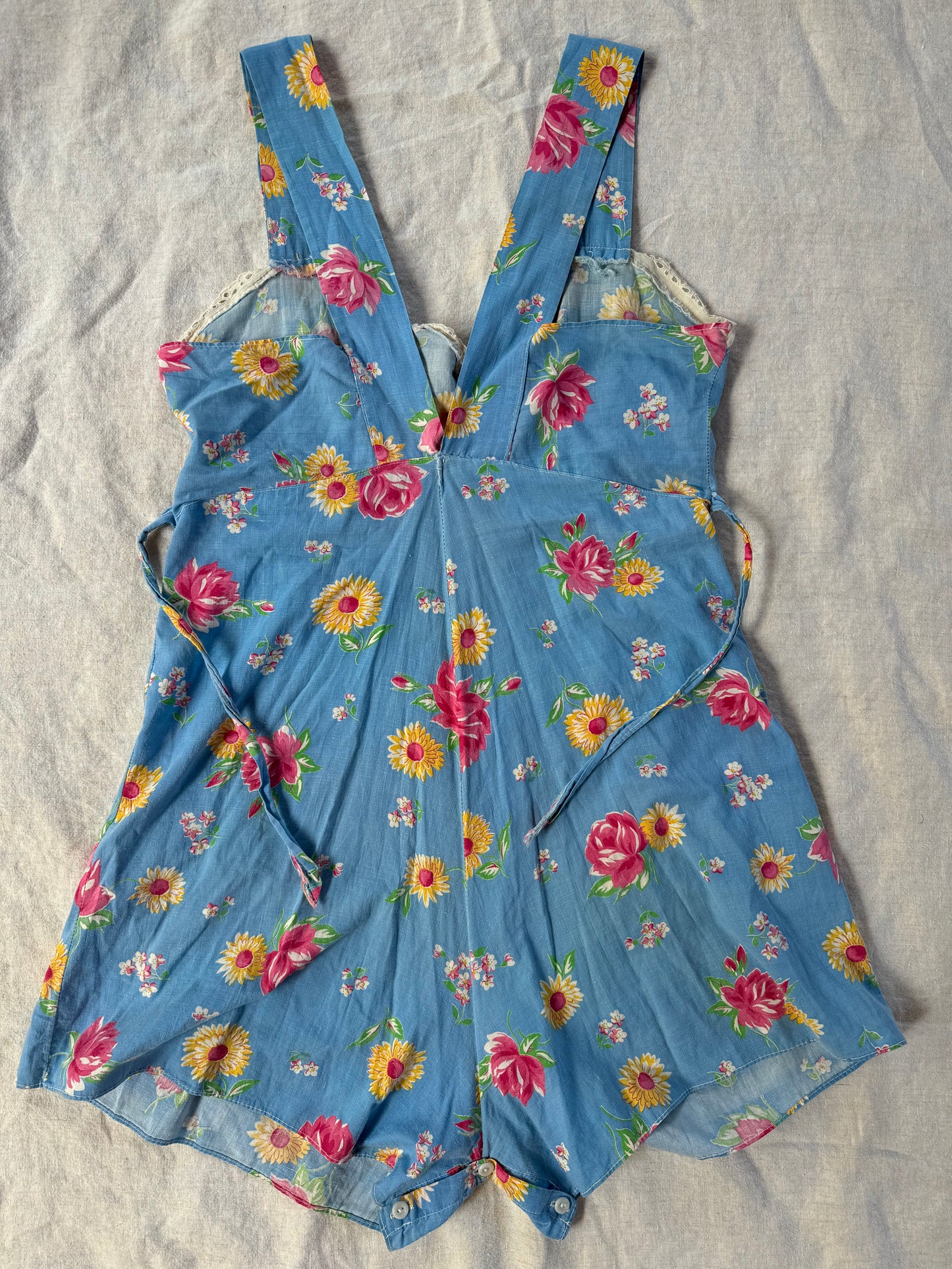 1940s Sky Blue Floral Cotton Playsuit- S