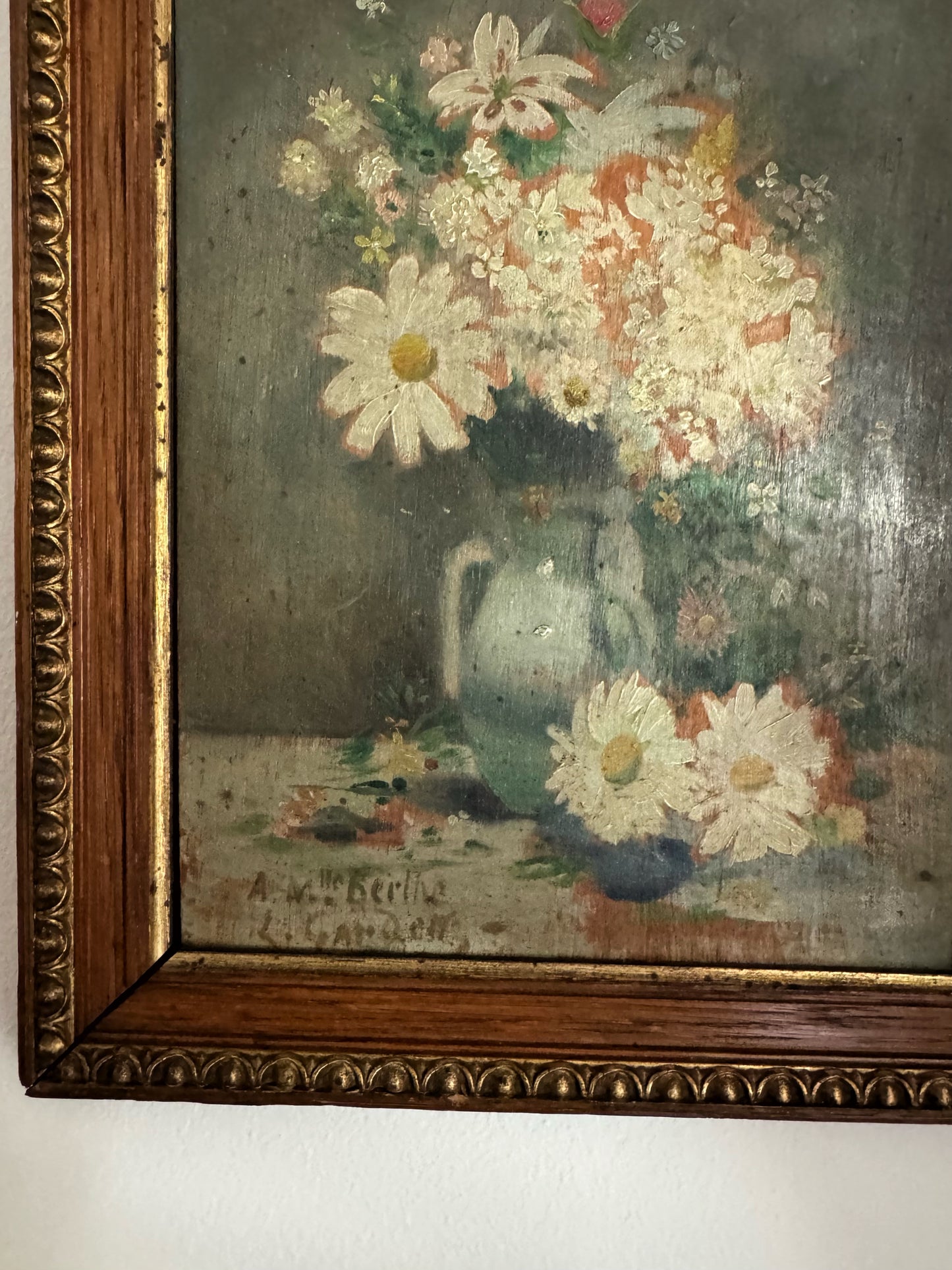 Antique French Spring Daisy Still Life. Oil on Wood- 10 x 8”