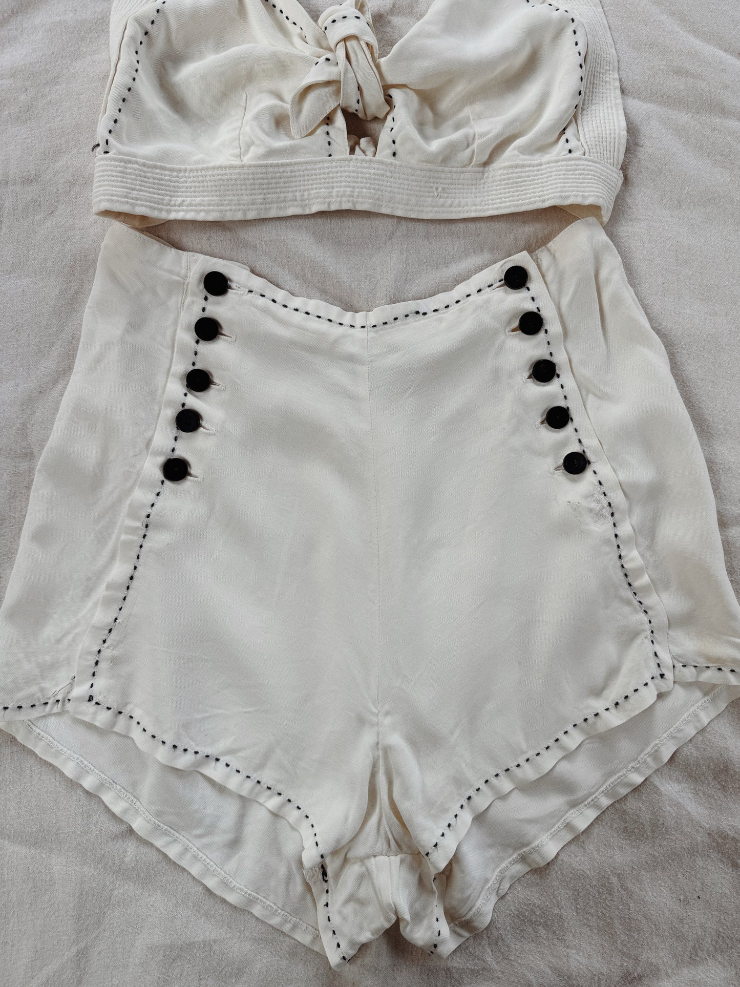 1940s White Sailcloth Playsuit w/ Black Embroidered Trim- M