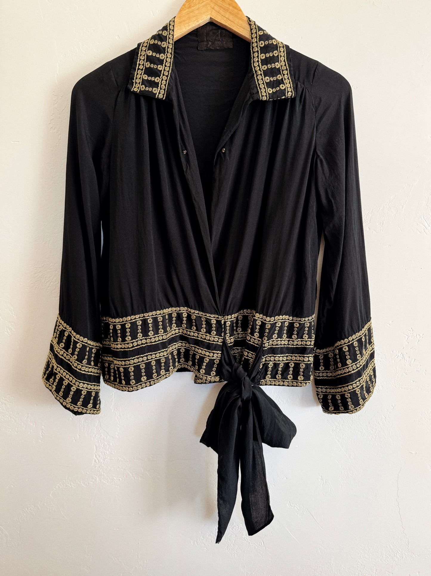 1920s/30s Grecian Black Silk Crepe Blouse w/ Gold Embroidery- S/M