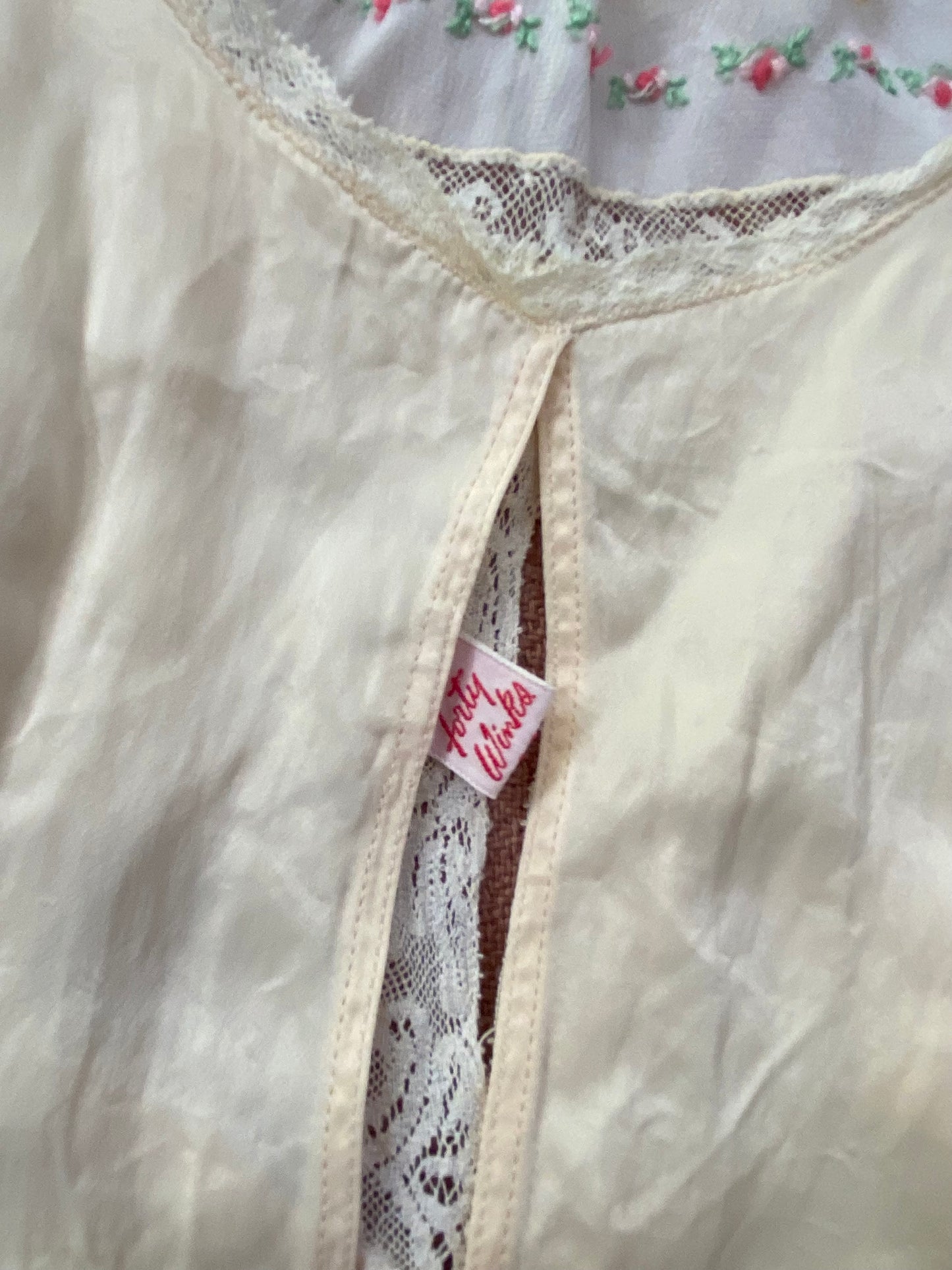 1940s Silk Rayon Satin Bias Cut Slip w/ Lace + Floral Details- S/M