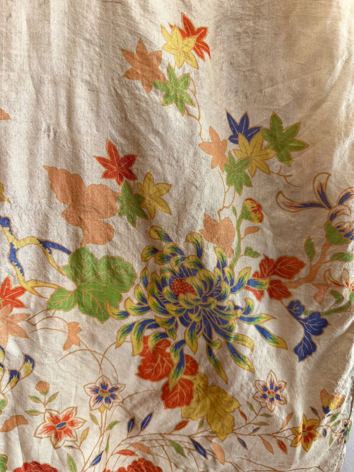 1920s Chartreuse Pongee Silk Duster w/ Chrysanthemum + Autumnal Leaves