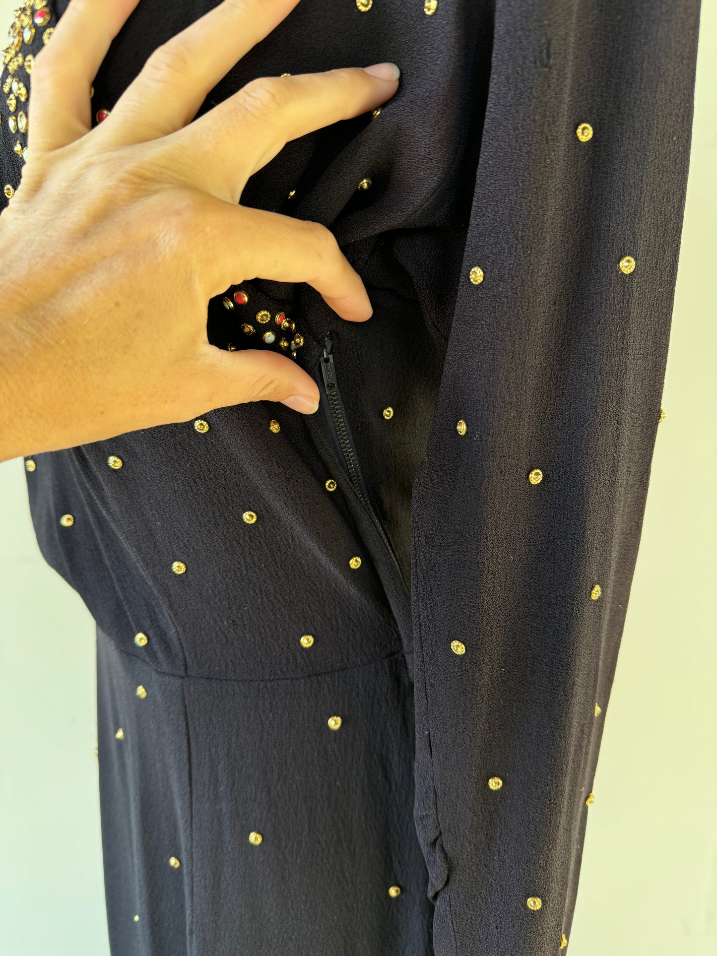 1940s Heavily Encrusted Rhinestone + Studded Crepe Evening Gown- M/L
