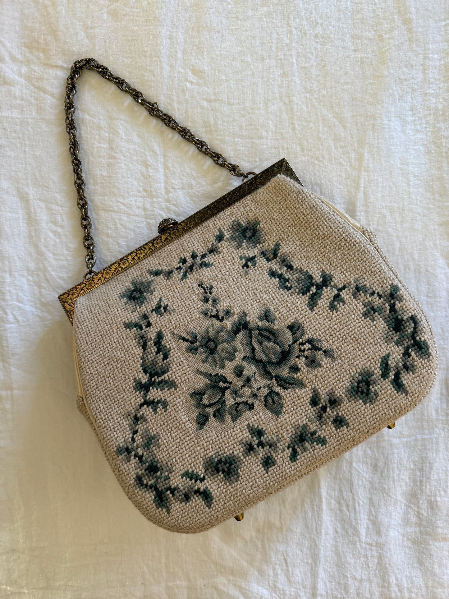 1960s Creme + Blue Green Large Needlepoint Handbag