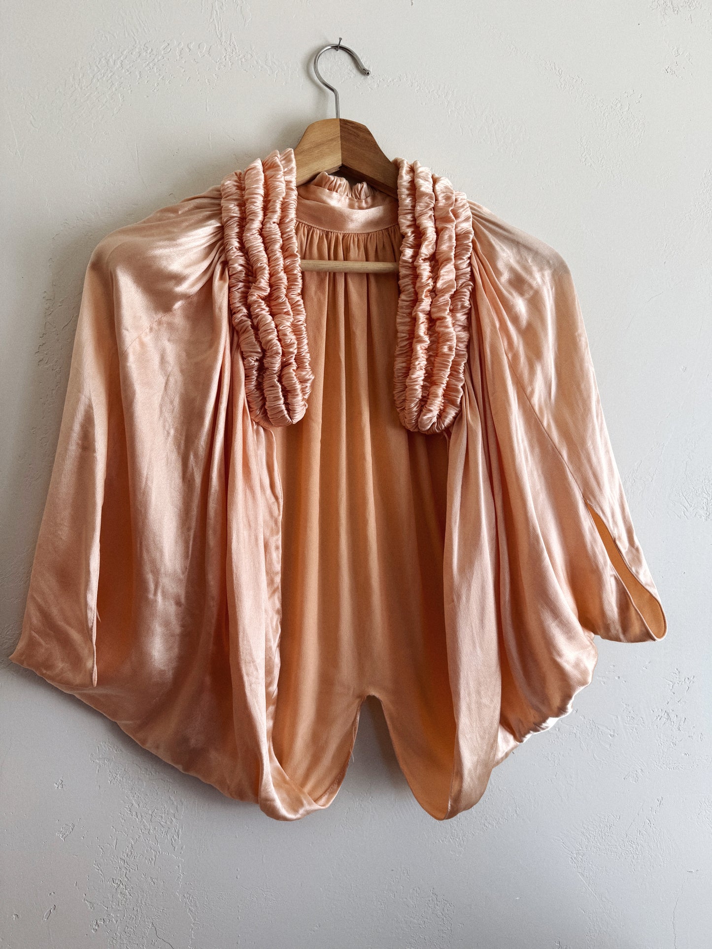1930s Peach Liquid Satin Shrug w/ Heavily Ruched Collar- S/M