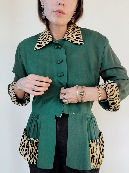 1940s Emerald Rayon + Leopard Jacket w/ Peplum- M