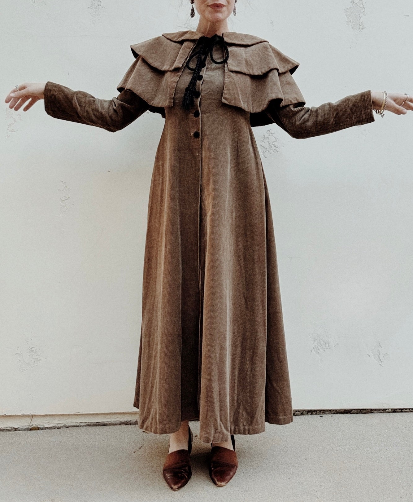 1960s Rare Laura Ashley Corduroy Dress w/ Caplet- S/M