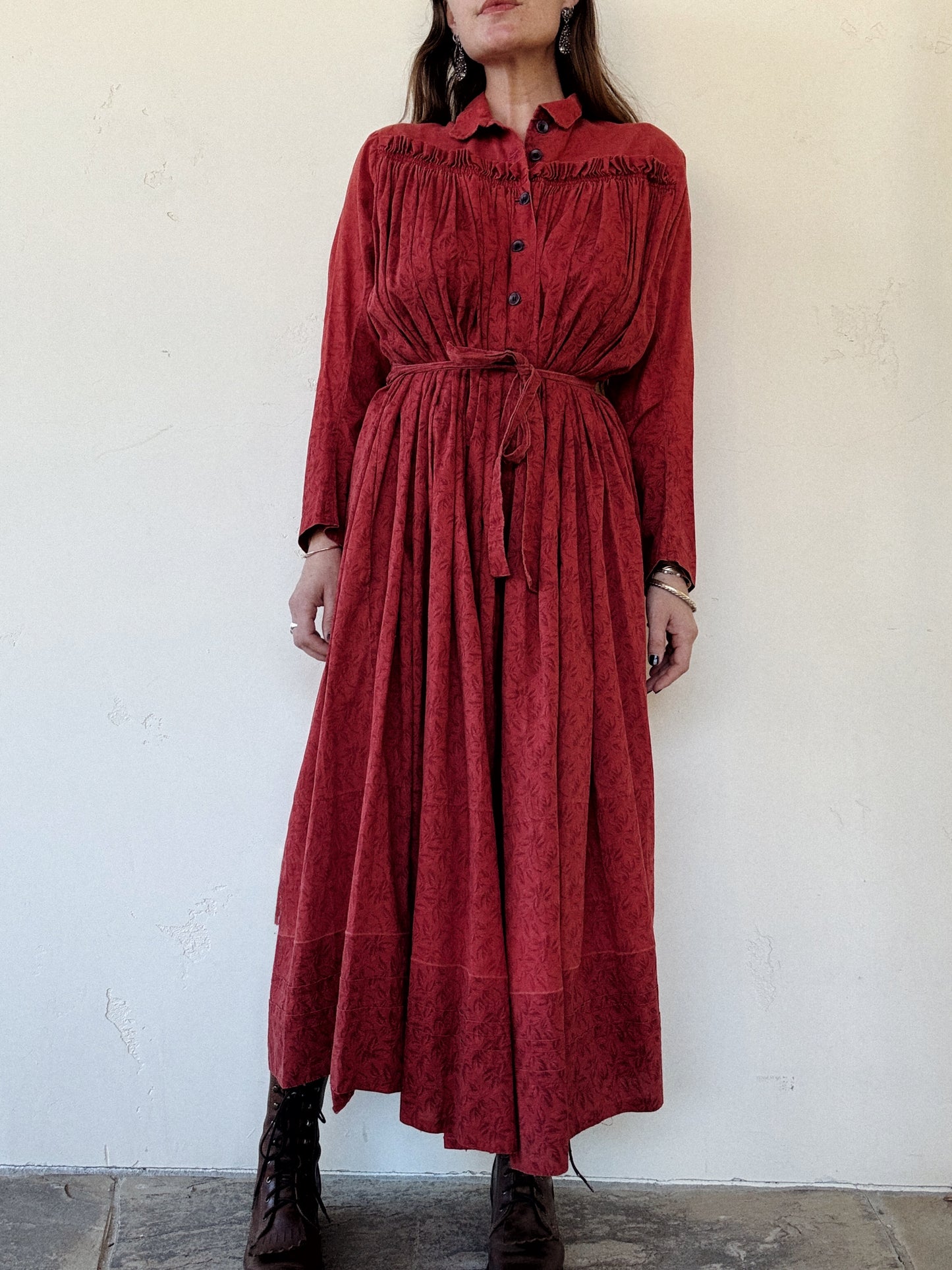 Antique 1800s Red Oak Leaf Wrapper Dress