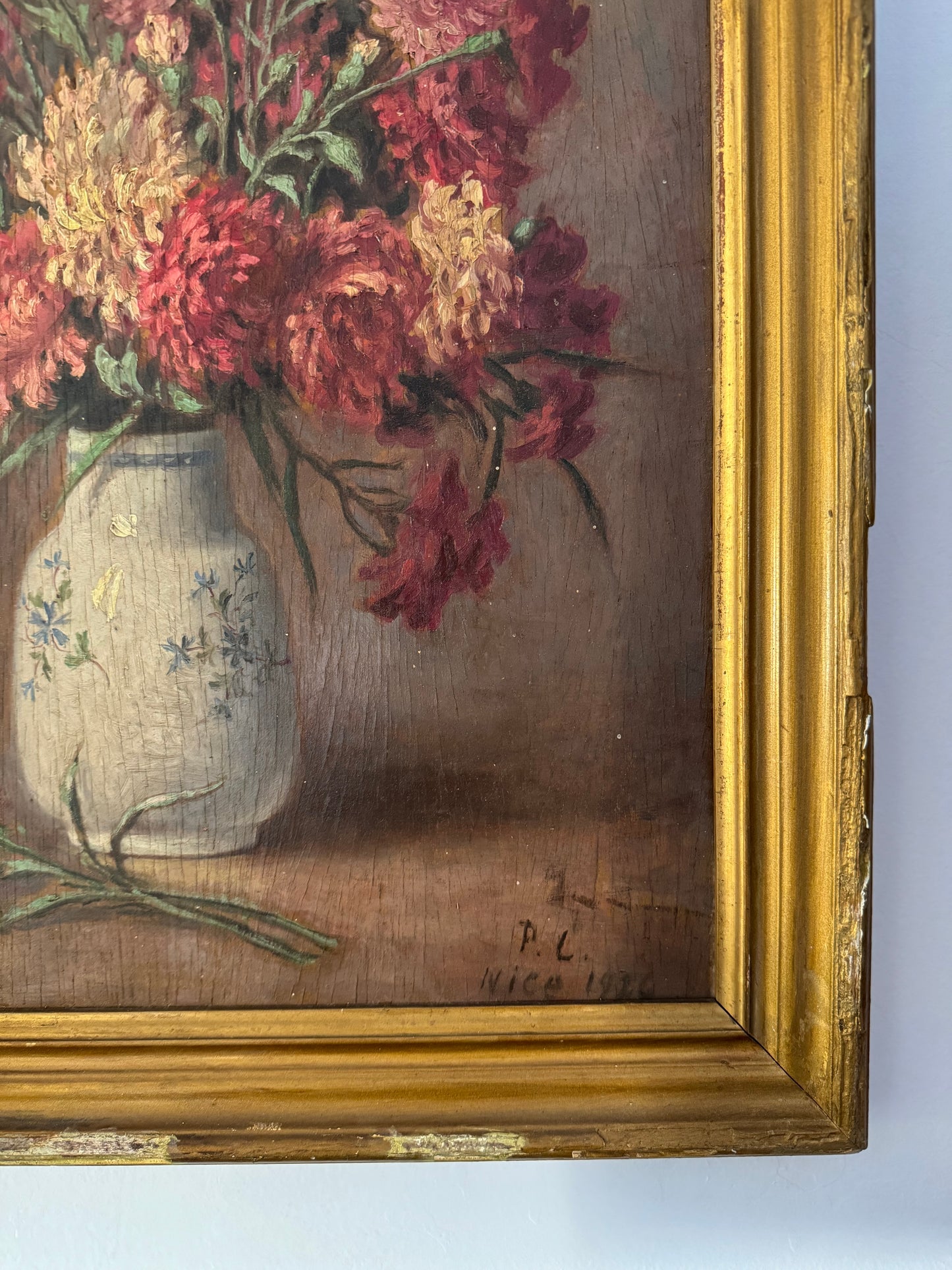 1920s Floral Still Life in Gilt Frame Oil on Wood- 18 x 16”