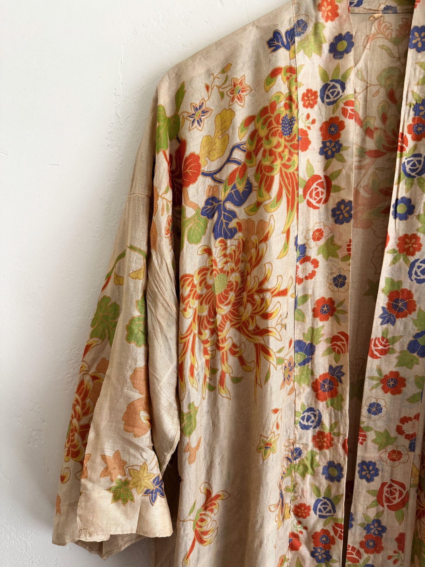 1920s Chartreuse Pongee Silk Duster w/ Chrysanthemum + Autumnal Leaves