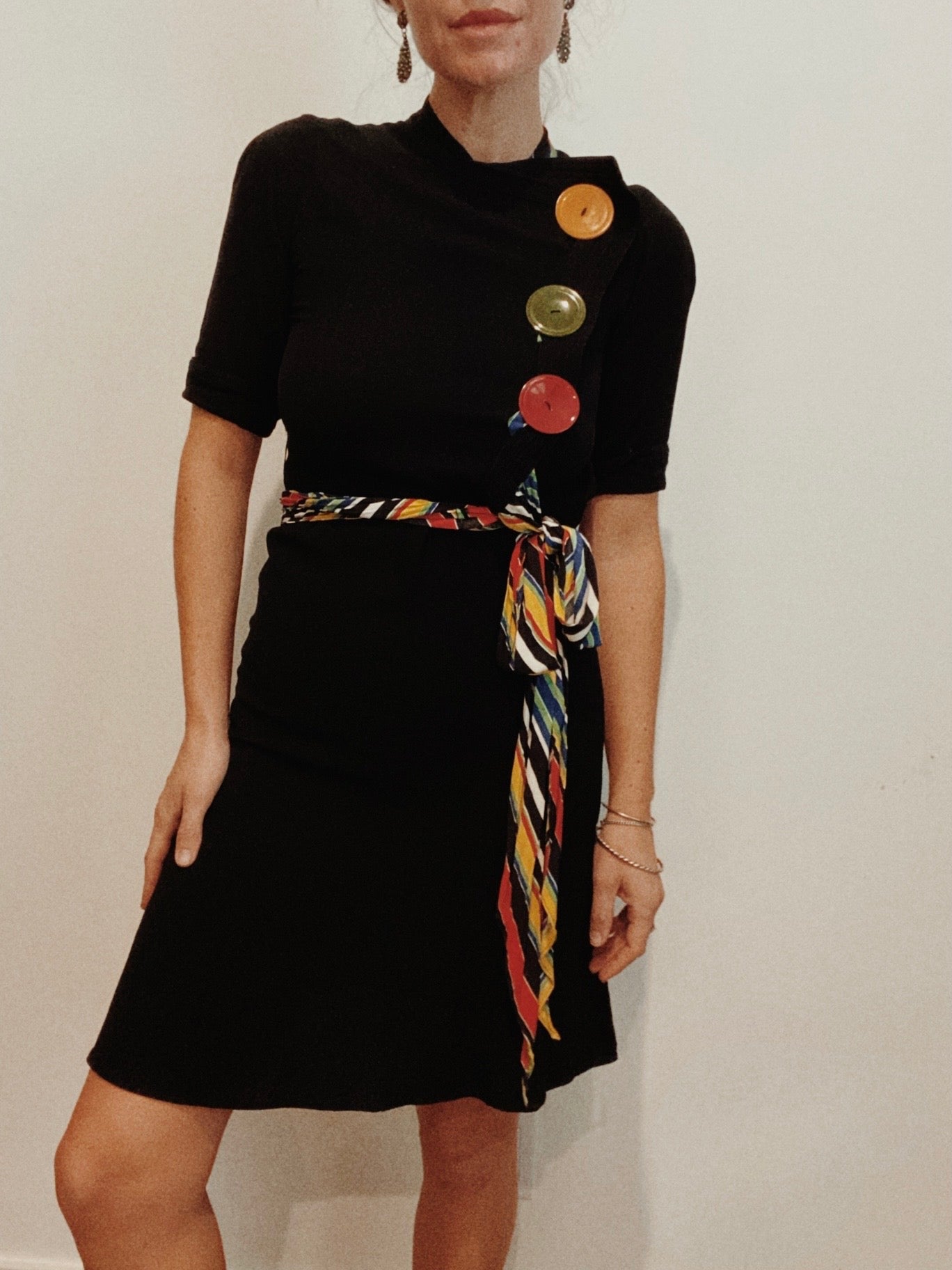 1930s Blck Deco Rayon Jersey Mini Dress w/Oversized Buttons- XS/S