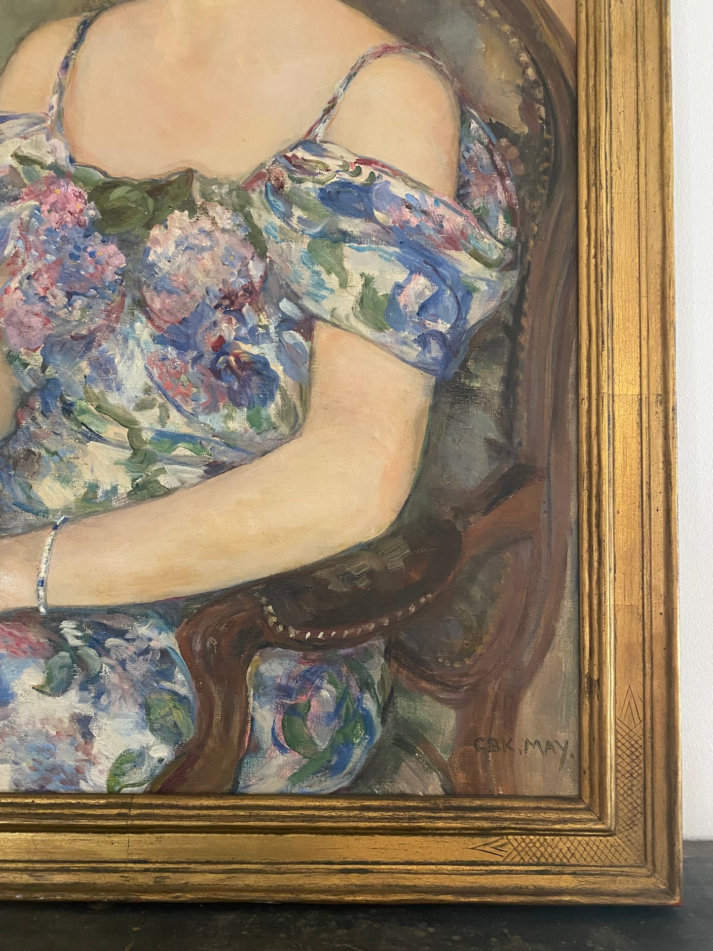 1930s Large Sage + Violet Portrait of a Woman in Gilt Frame- 29 x 37”