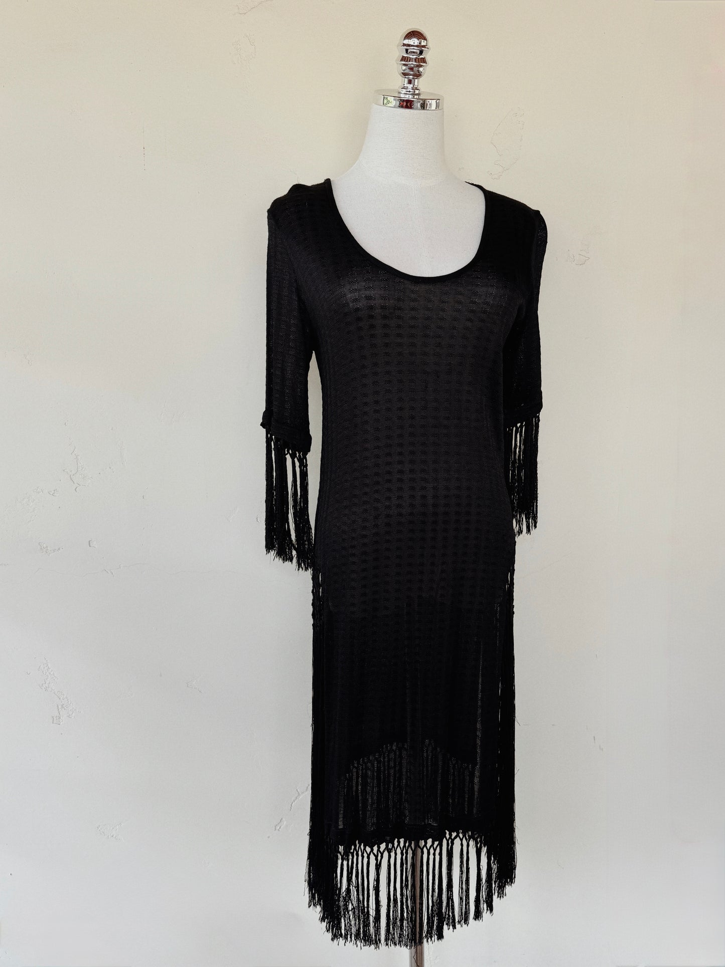 1920s Black Knit Rayon Jersey Fringe Dress- S/M