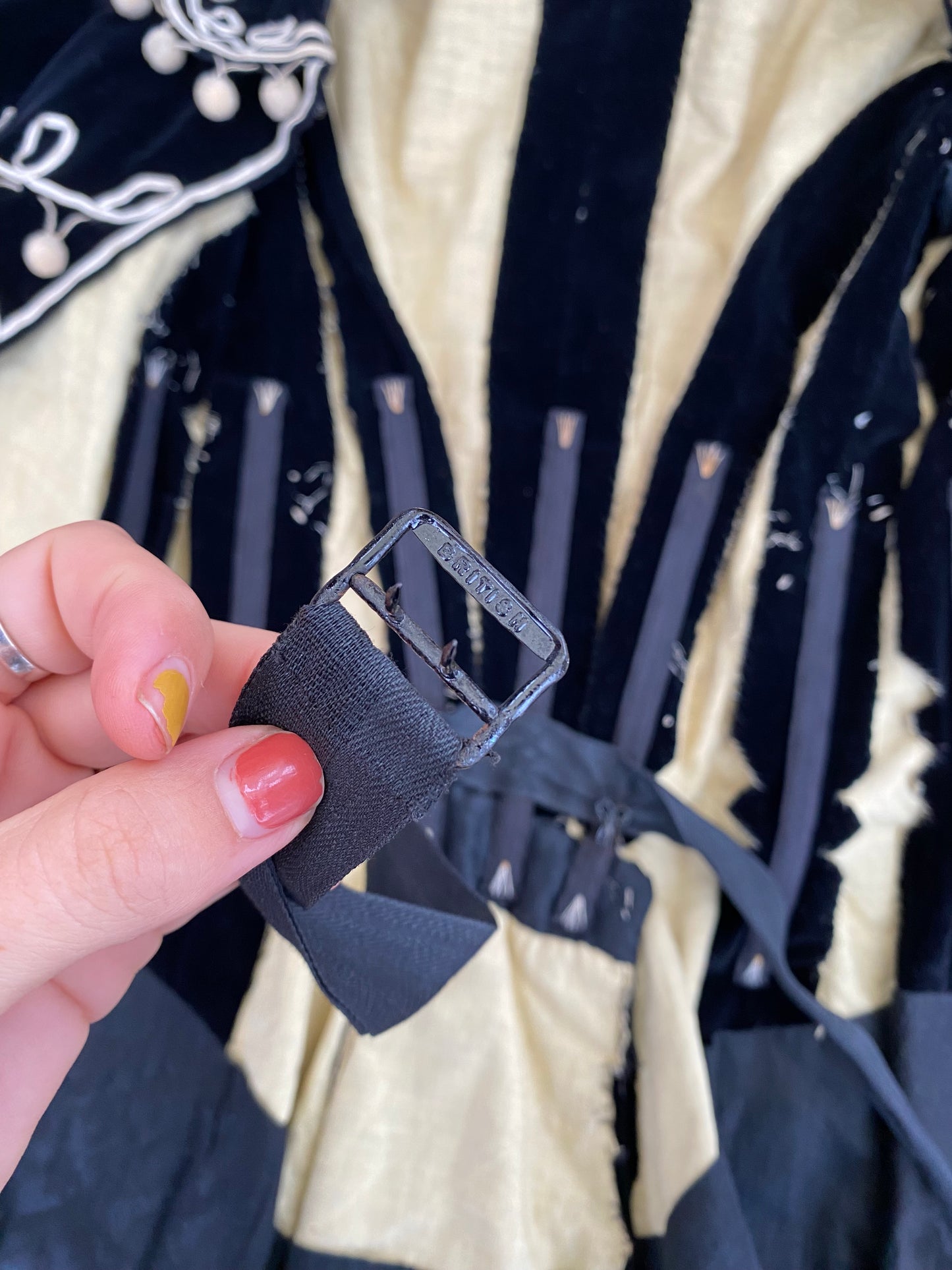 Victorian Black Velvet Tailored Jacket w/ Pom Poms and Peter Pan Collar- S