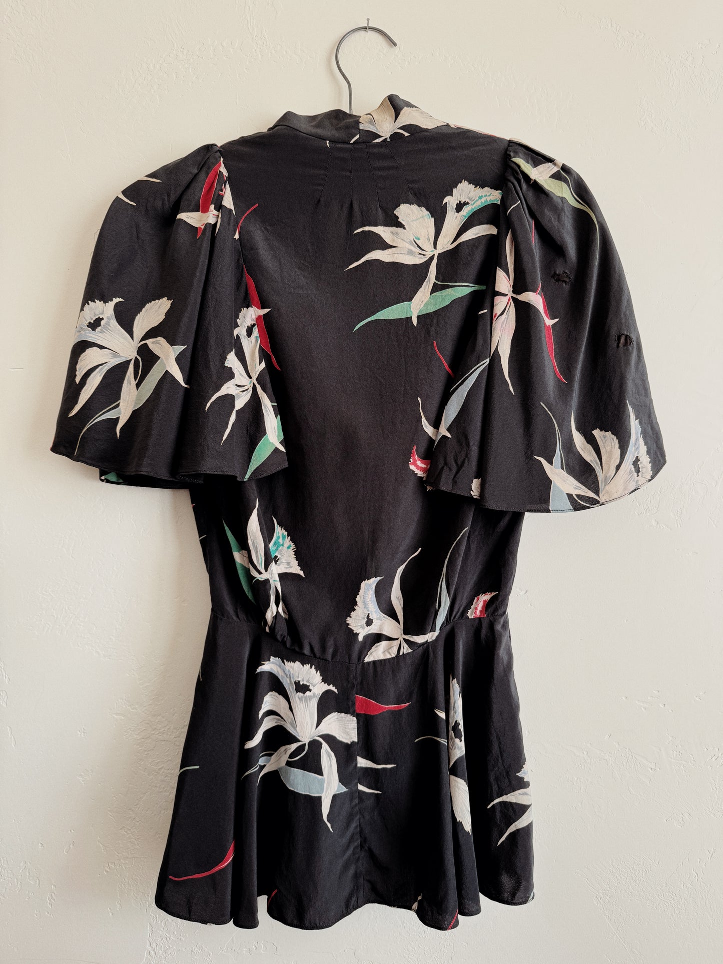 1930s/40s Black Orchid Silk Blouse w/ Flutter Sleeves- XS/S