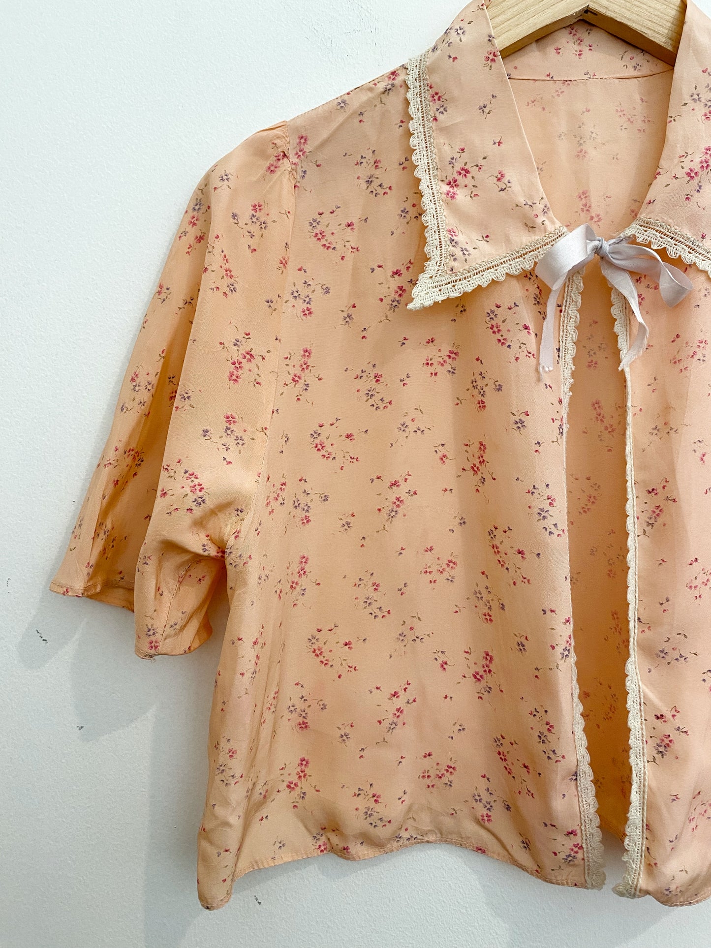 1930s/40s Pink Floral Rayon Bed Jacket Blouse- S/M