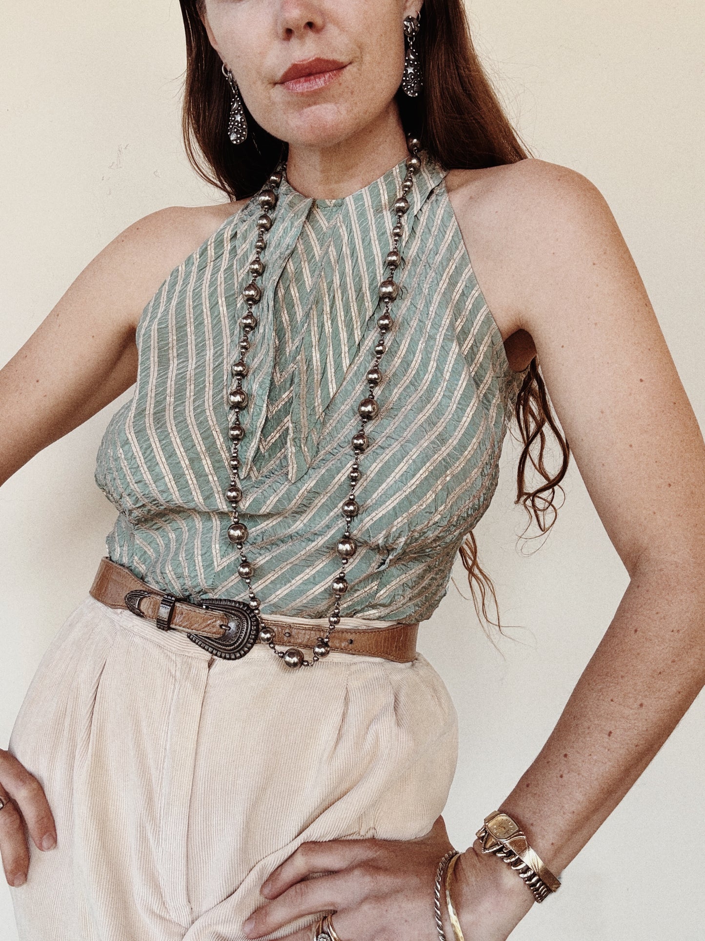 1930s Sea Foam Lamé Dagger Collar Halter Top- S/M