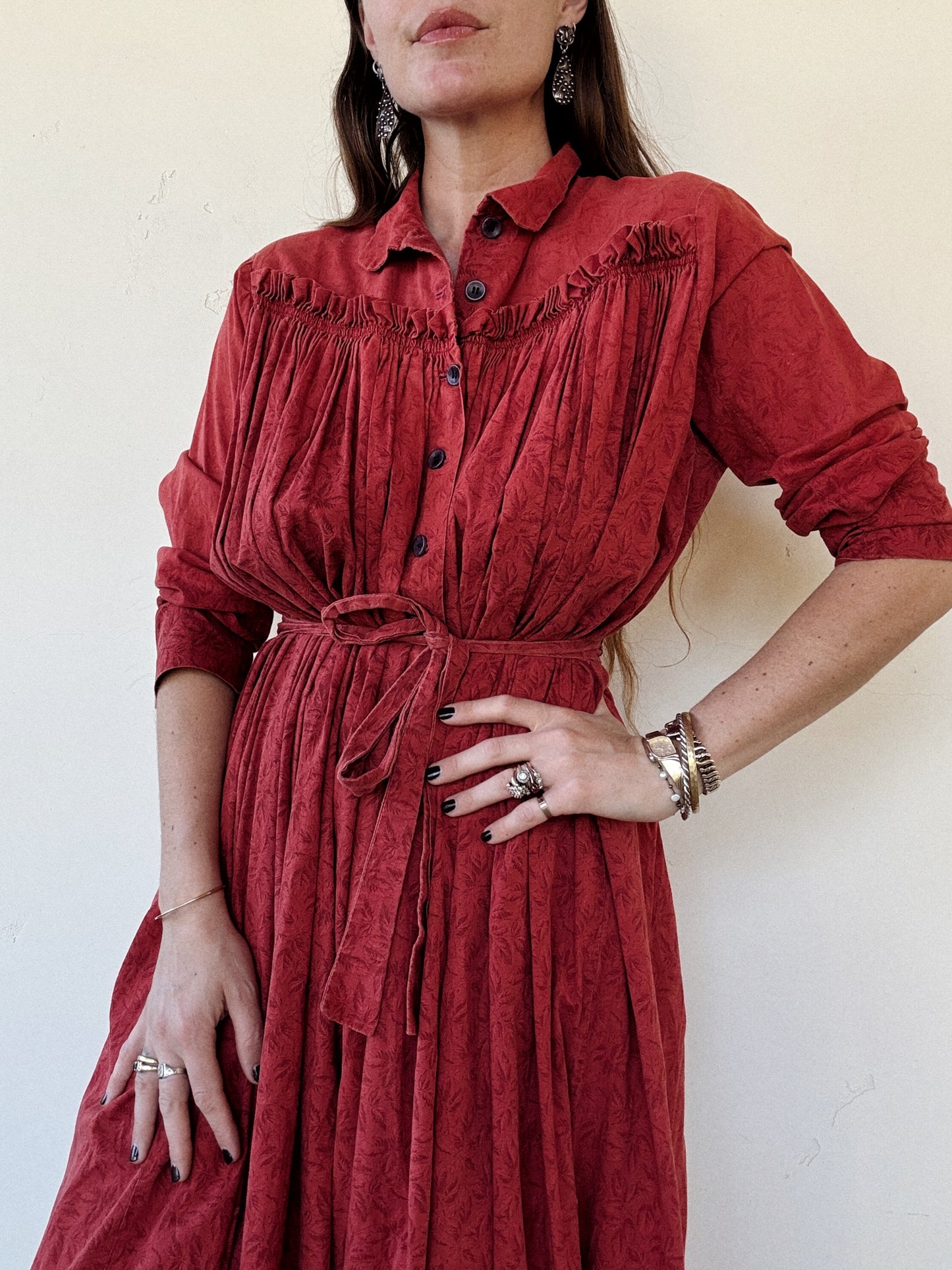 Antique 1800s Red Oak Leaf Wrapper Dress