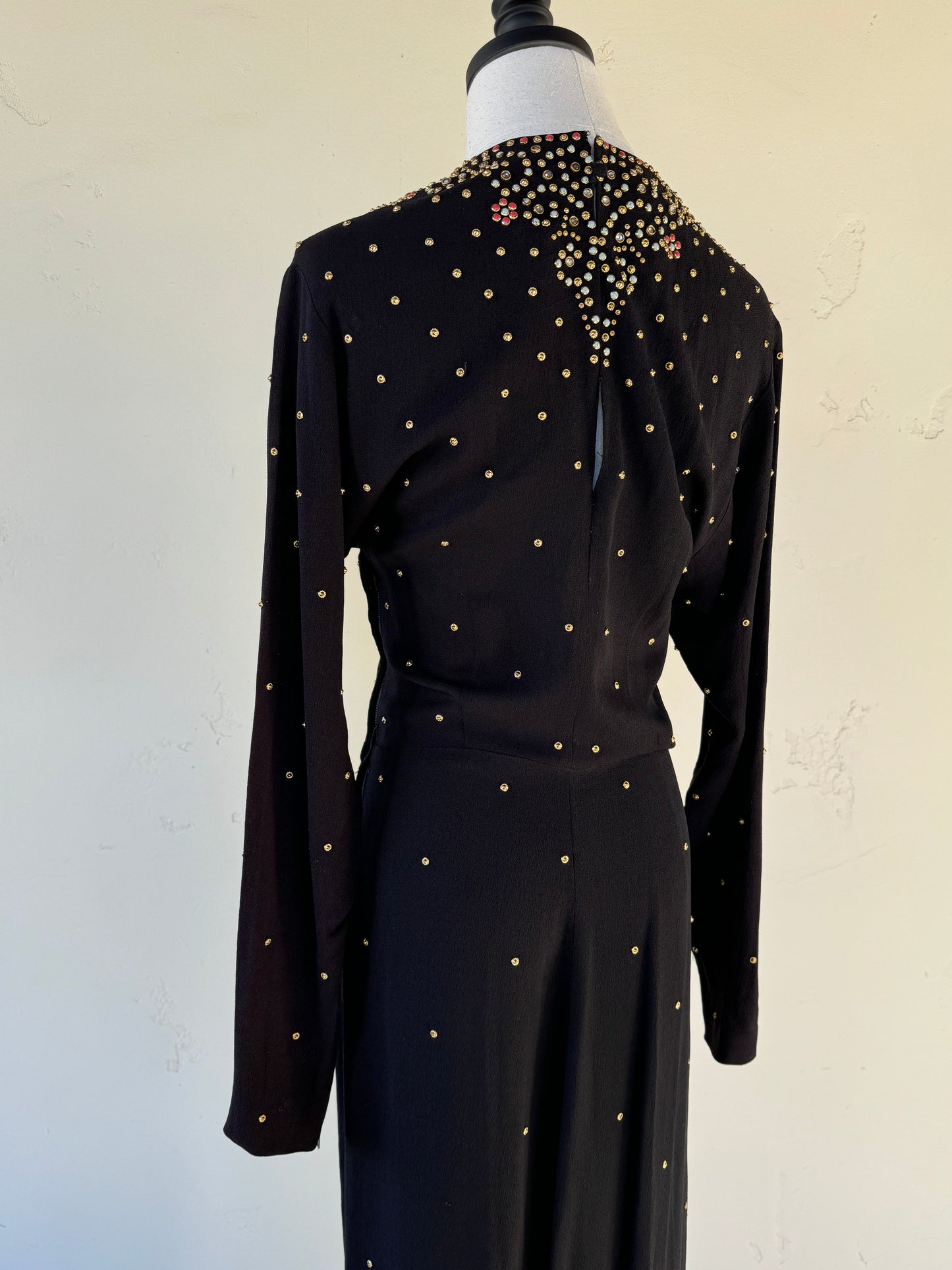 1940s Heavily Encrusted Rhinestone + Studded Crepe Evening Gown- M/L