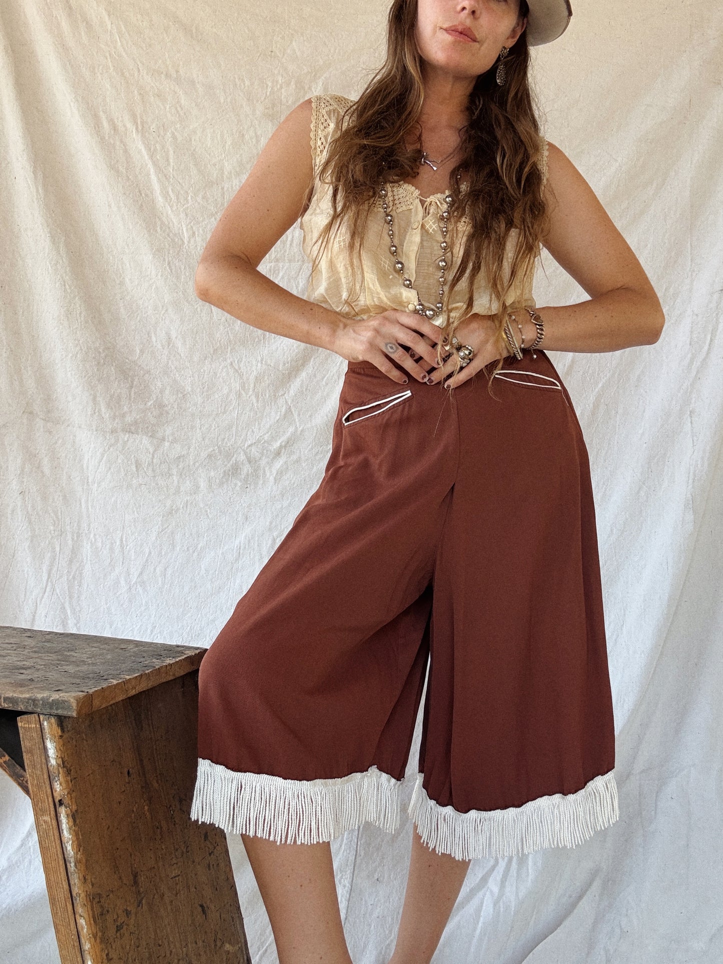 1950s Brown Gabardine Western Fringe Split Skirt Pants- 28” Waist