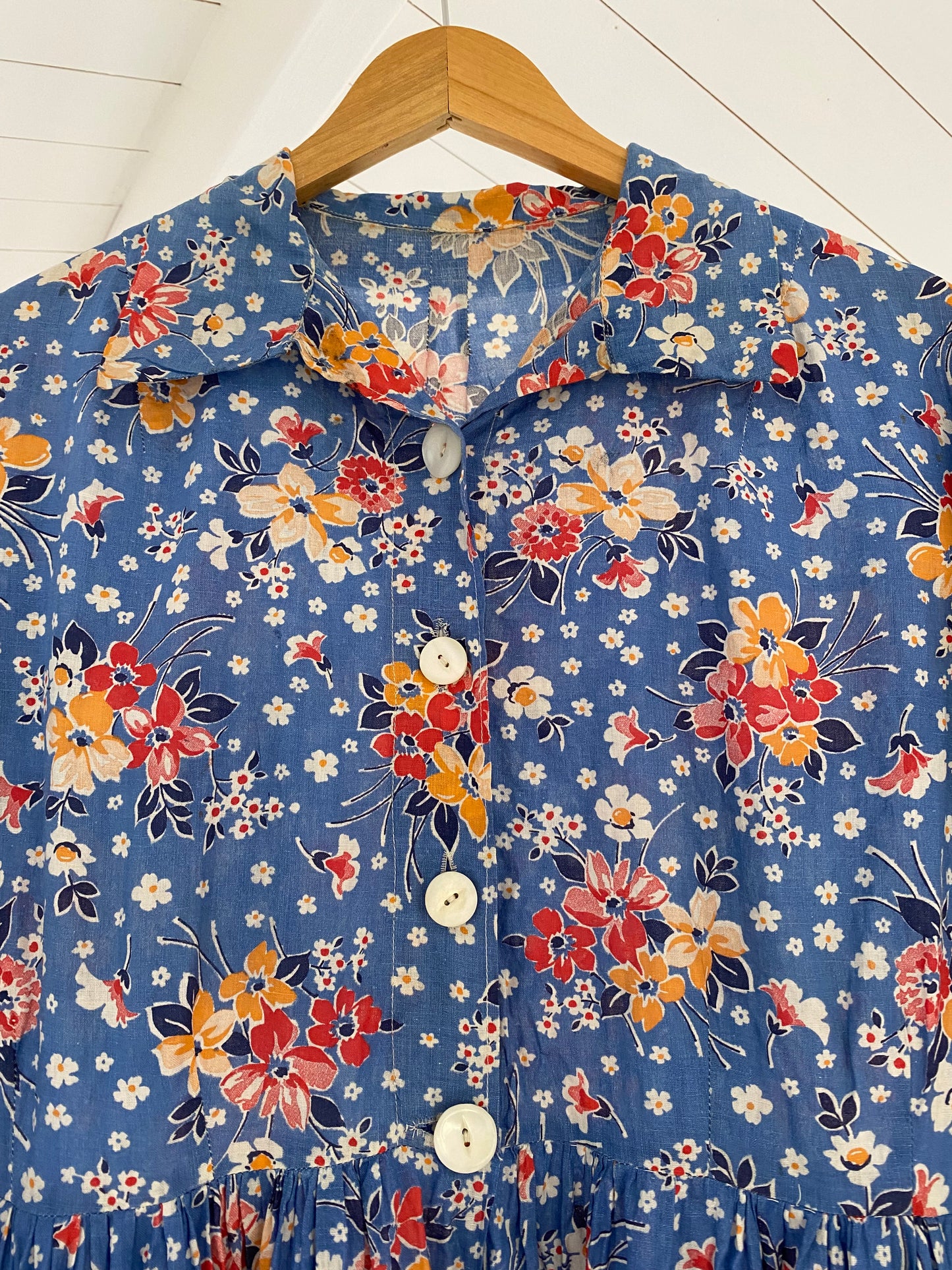 1930s/40s Blue Cotton Floral Maxi Feedsack Dress- M/L