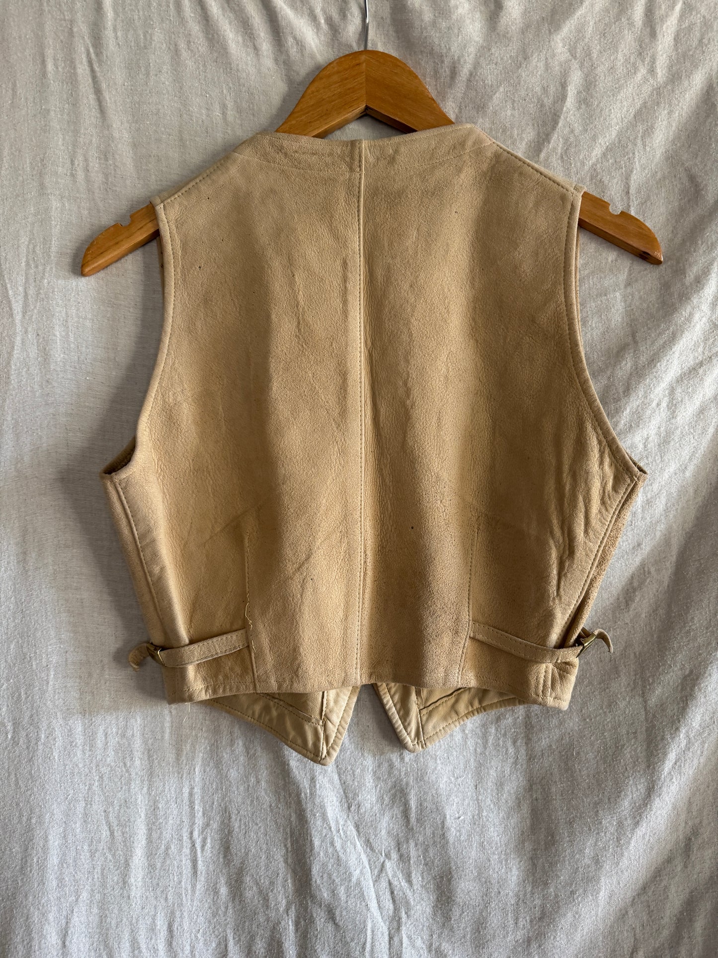 1930s Cropped Sand Suede Vest w/ Brass Talon Grommet Zip + Side Cinches- S