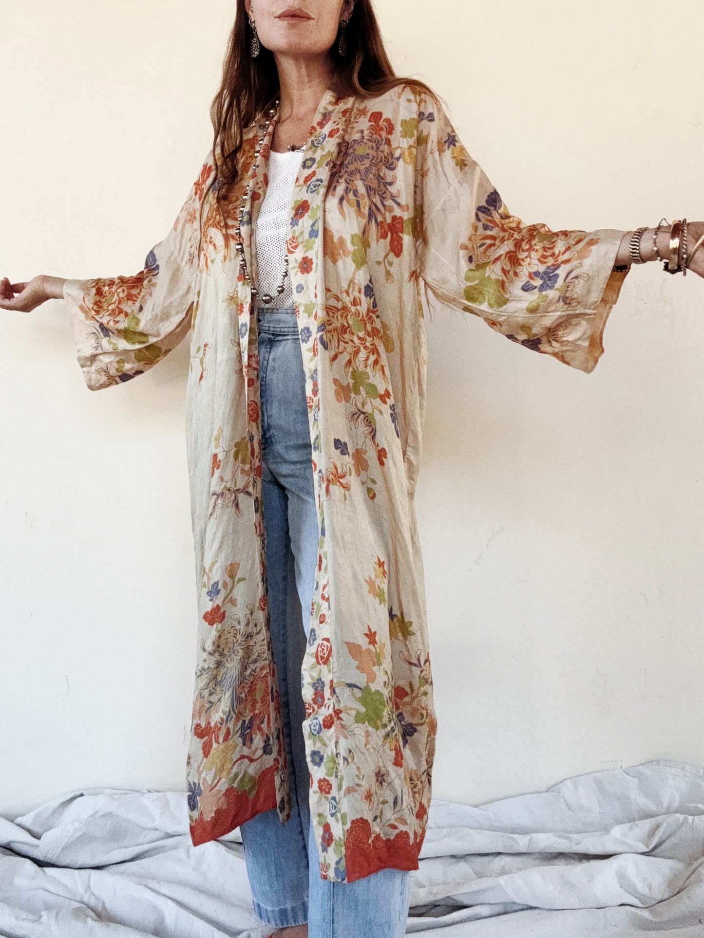 1920s Chartreuse Pongee Silk Duster w/ Chrysanthemum + Autumnal Leaves