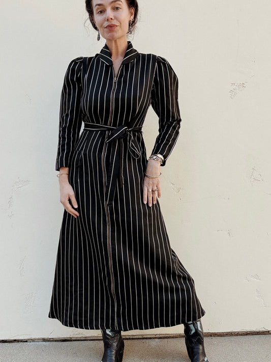 1940s Black Pinstripe Zipper Front Dressing Gown- S/M