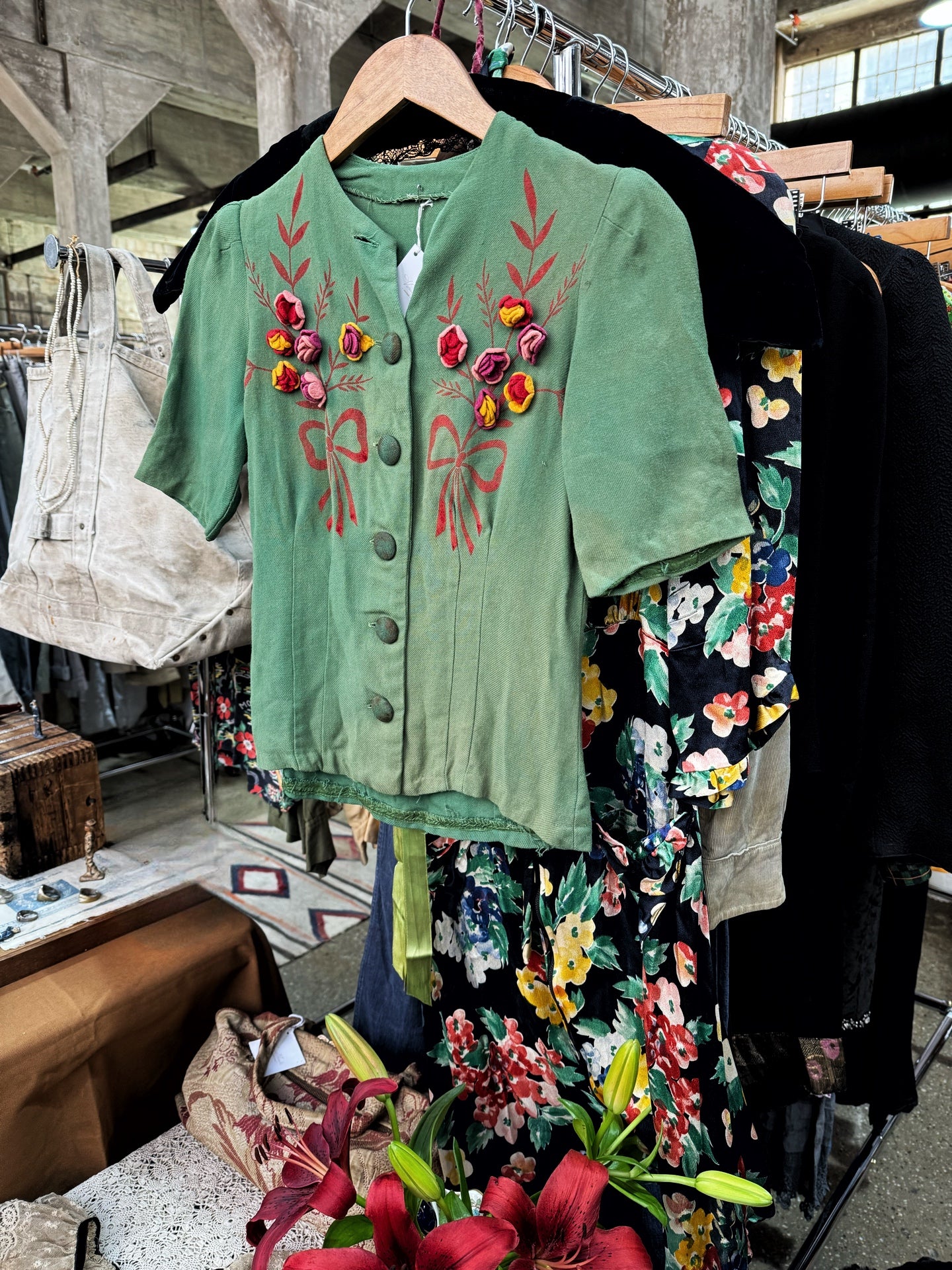 1940s Green Blouse w/ Hand Painted Bows + Felted Flowers- S