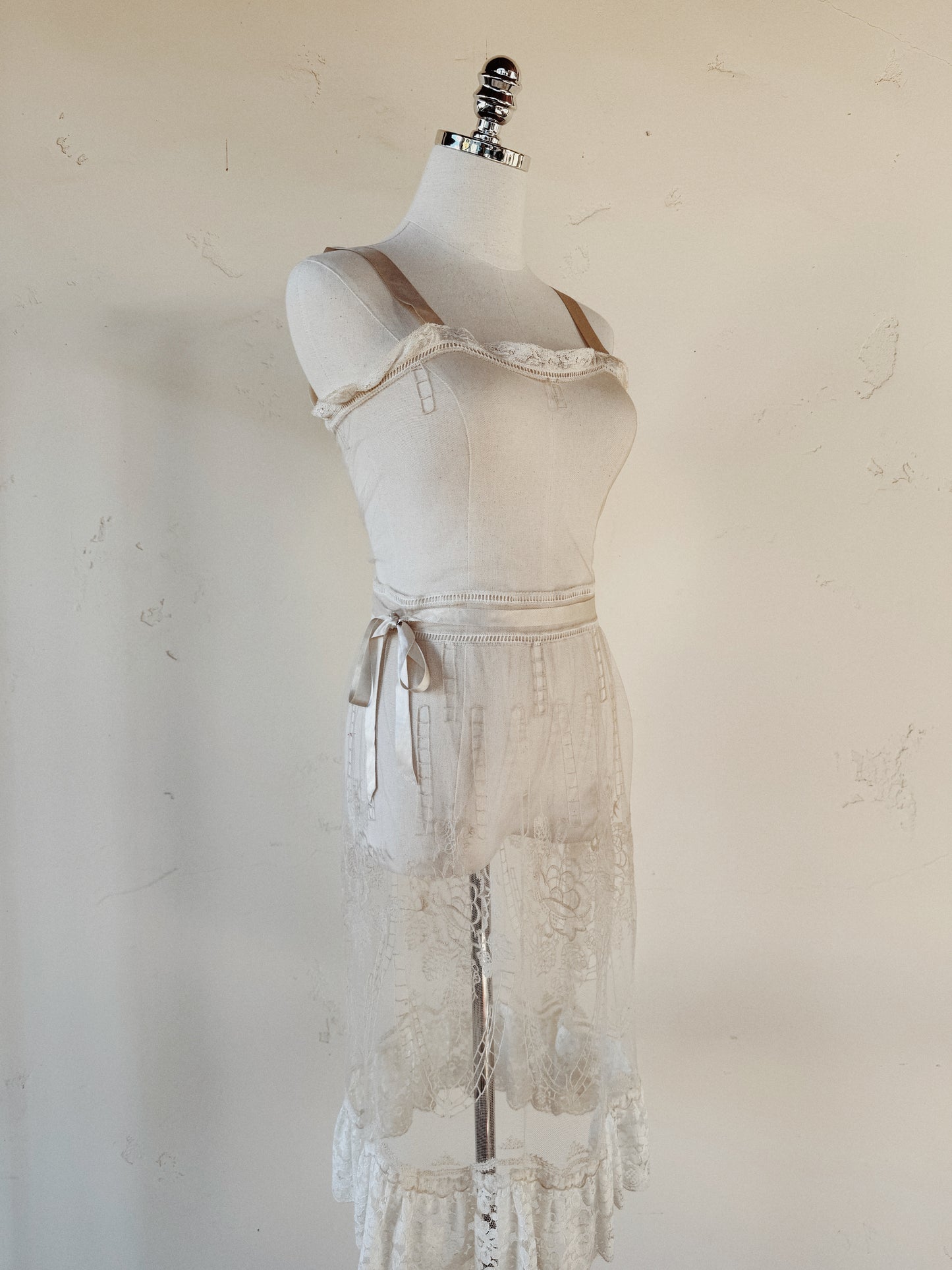 1930s White Net + Lace Dress w/ Silk Ribbon- XS/S
