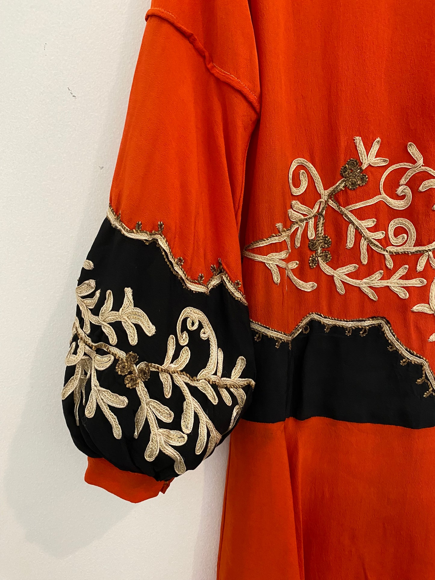 1920s Carnelian Silk Crepe Soutache Dress w/ Bishop Sleeves- XS/S