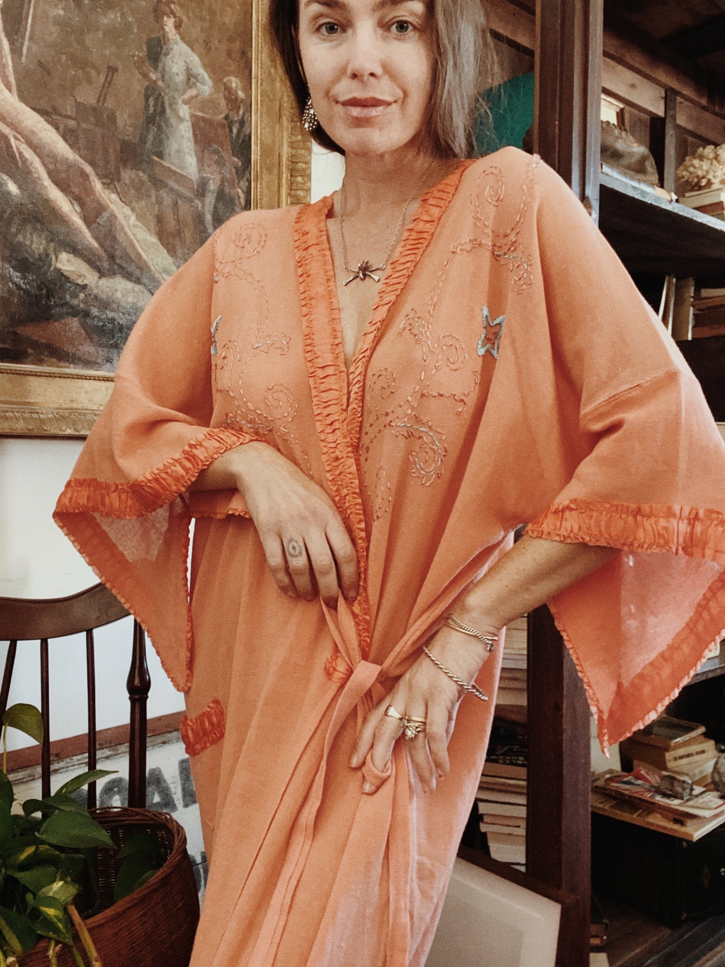 1920s Dusty Pink Embroidered Crepe Robe Dress- M/L