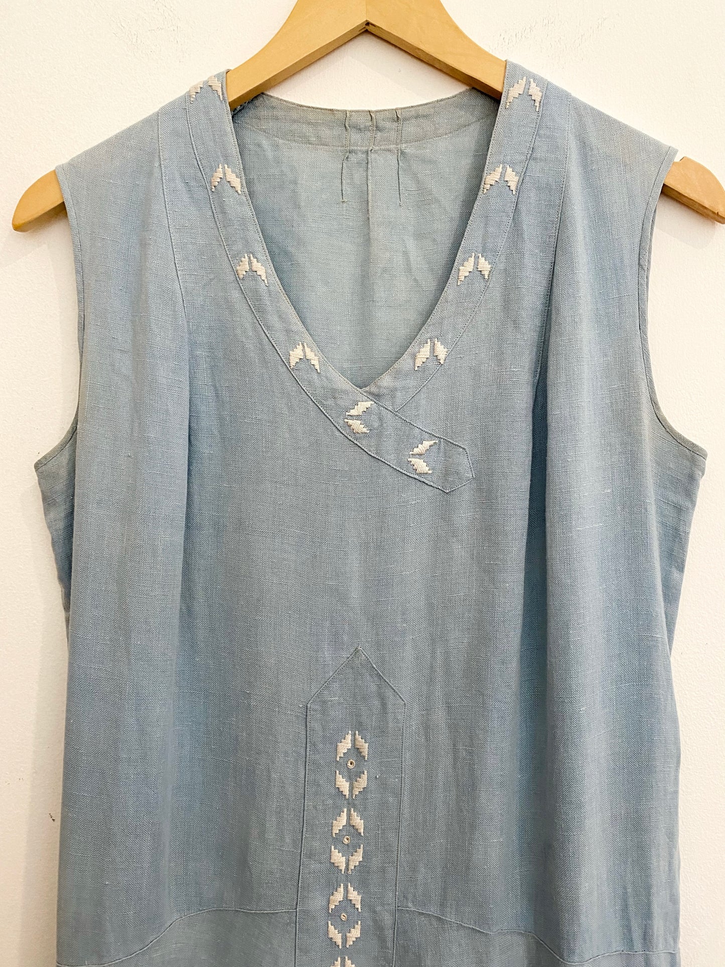 1920s Pale Blue Embroidered Linen Drop Waist Dress- M/L
