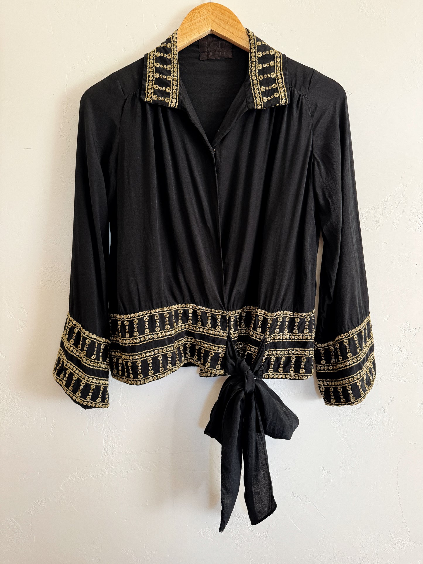 1920s/30s Grecian Black Silk Crepe Blouse w/ Gold Embroidery- S/M