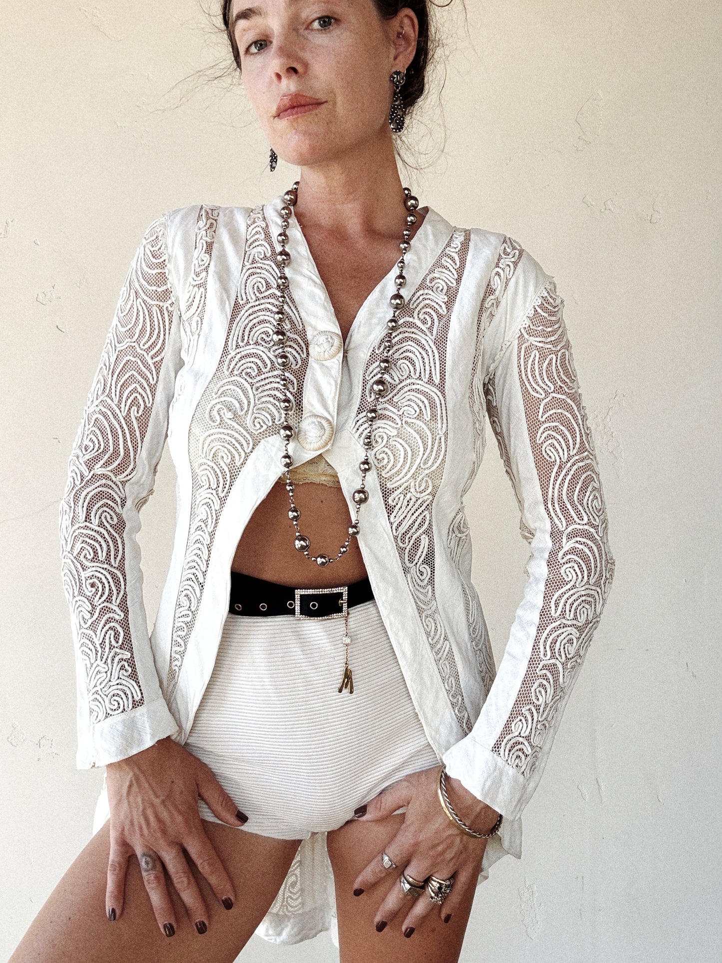 Edwardian White Linen + Net Soutache Jacket- S/M
