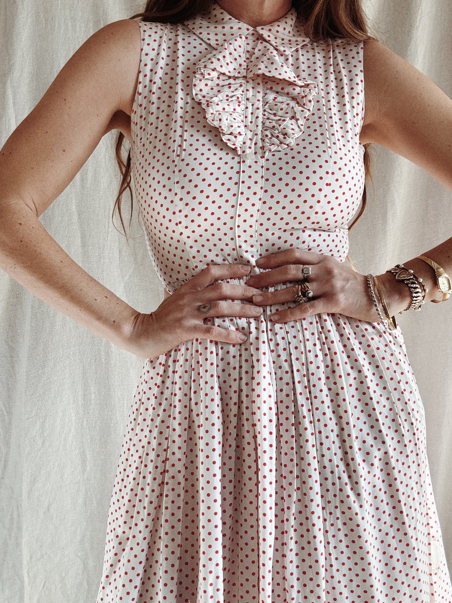 1940s/50s Cold Rayon White + Red Polka Dot Day Dress- S